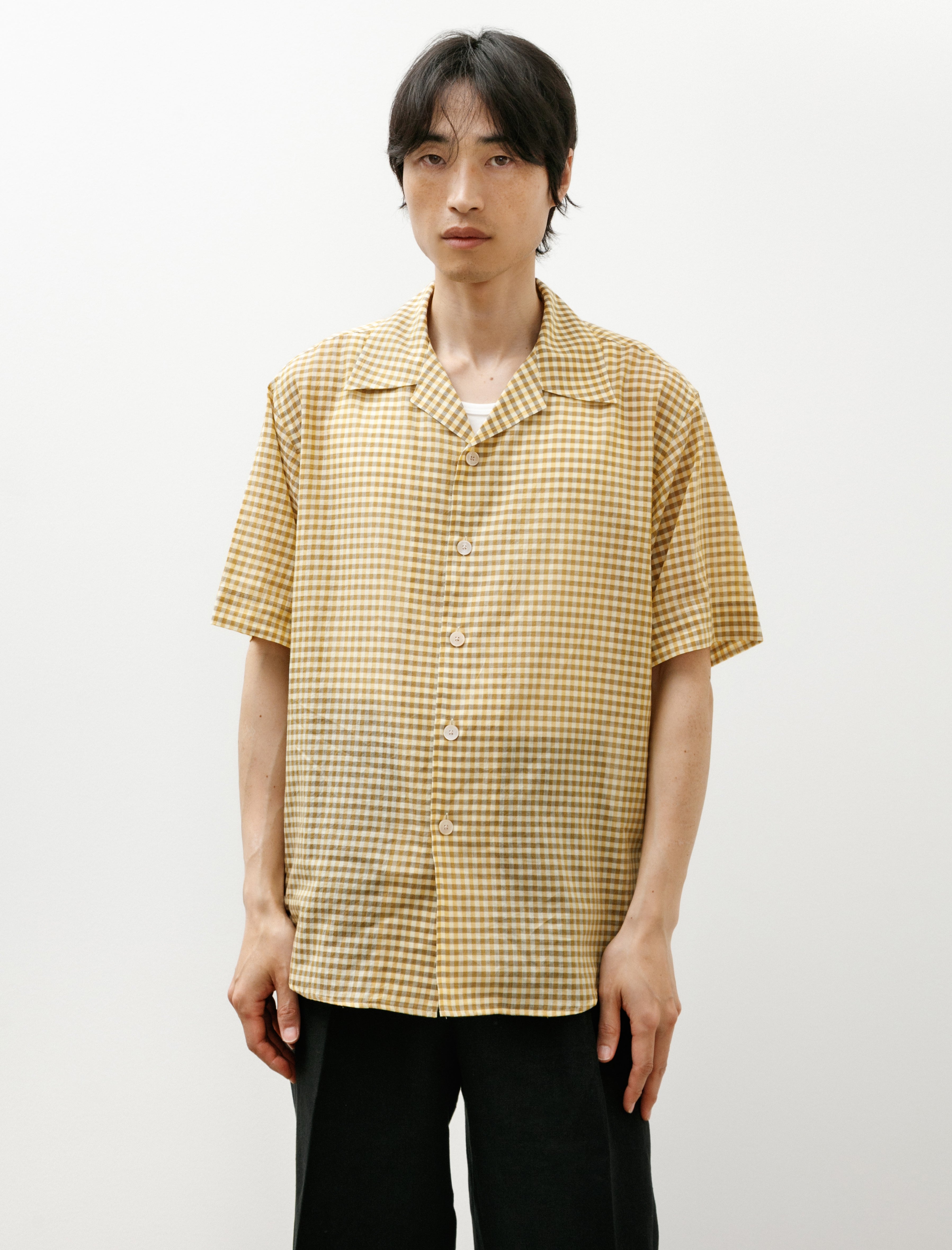 Auralee Airy Light Cotton Check Half Sleeved Shirt Mustard Gingham