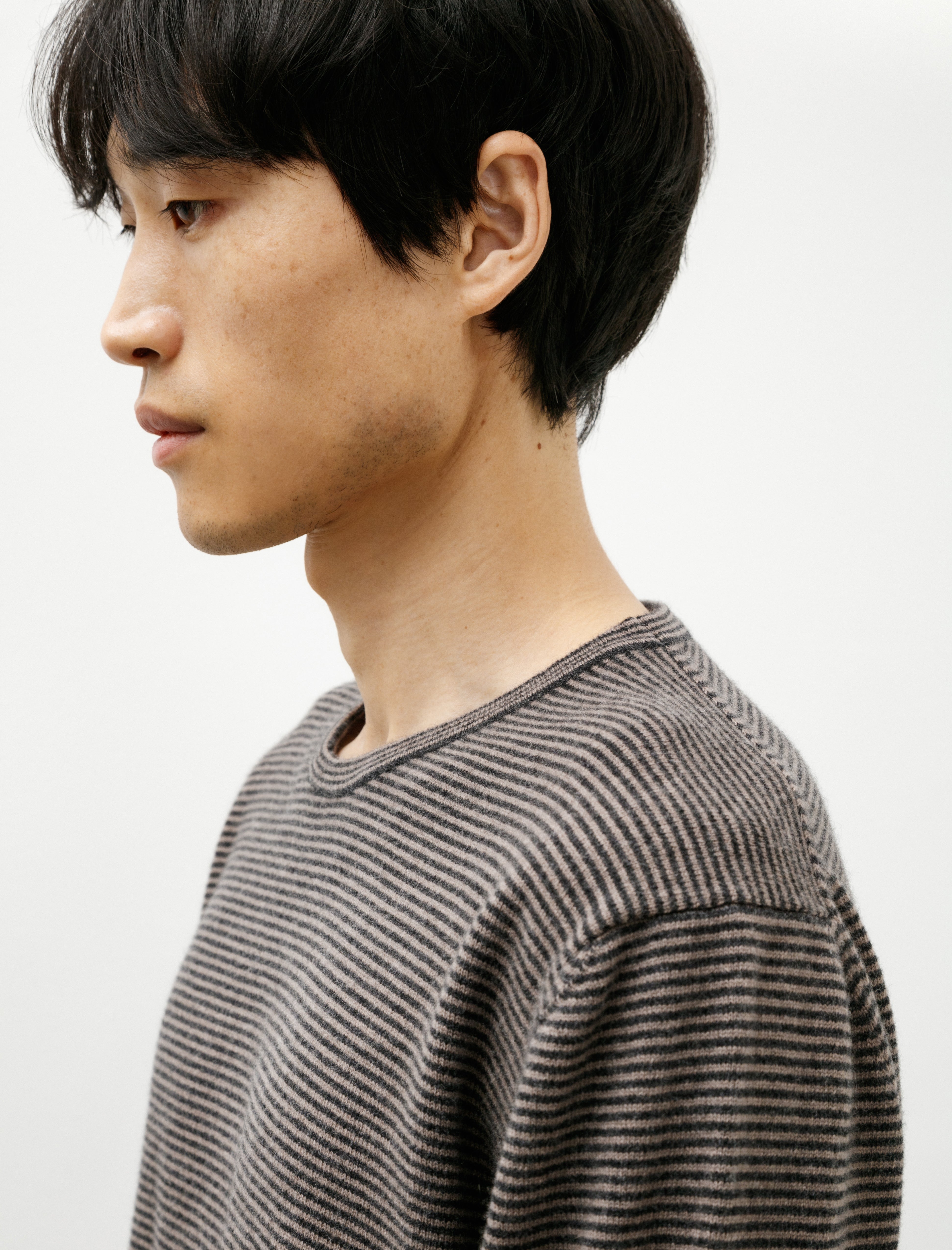 Margaret Howell Feeder Stripe Crew Merino Cashmere Taupe Charcoal