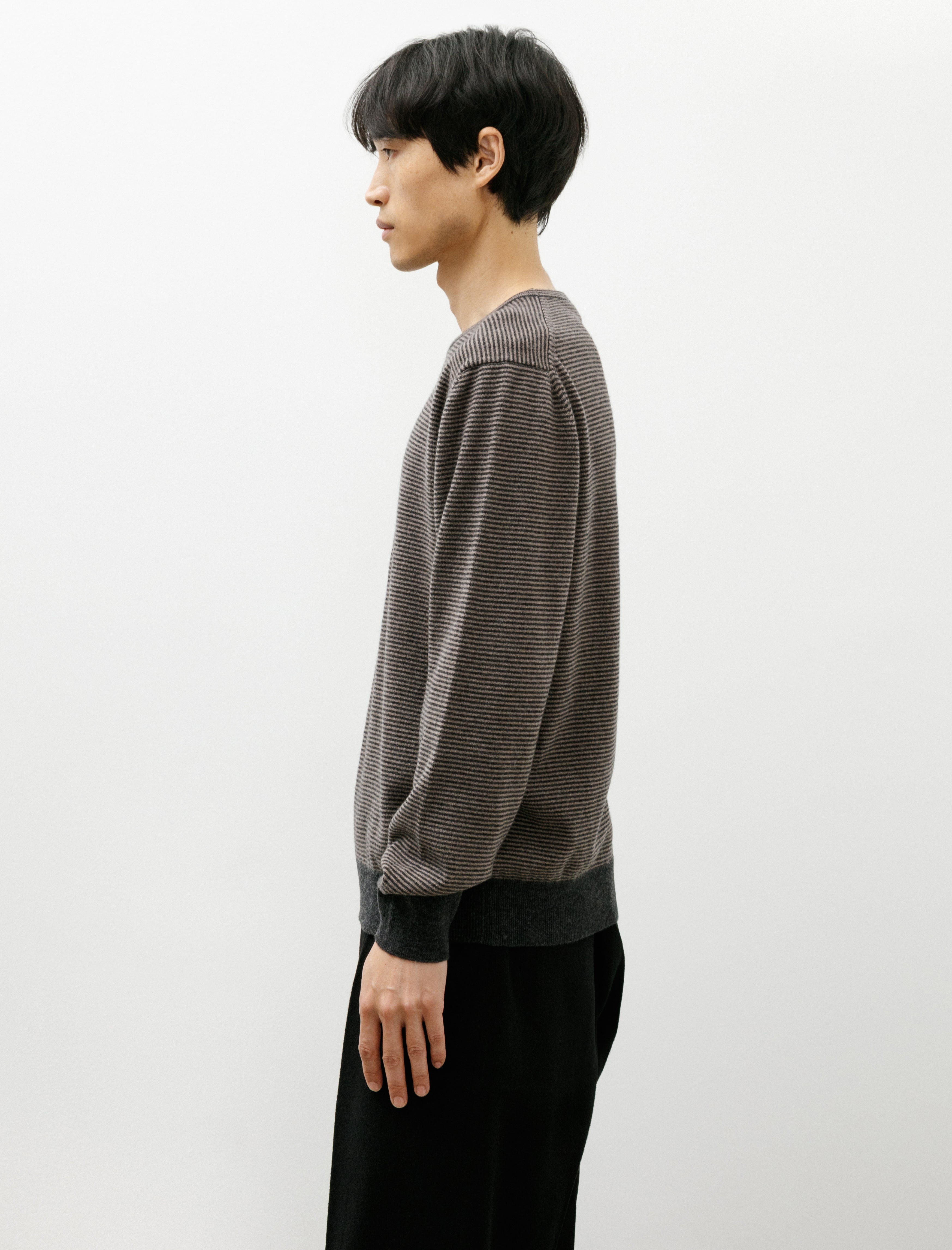 Margaret Howell Feeder Stripe Crew Merino Cashmere Taupe Charcoal