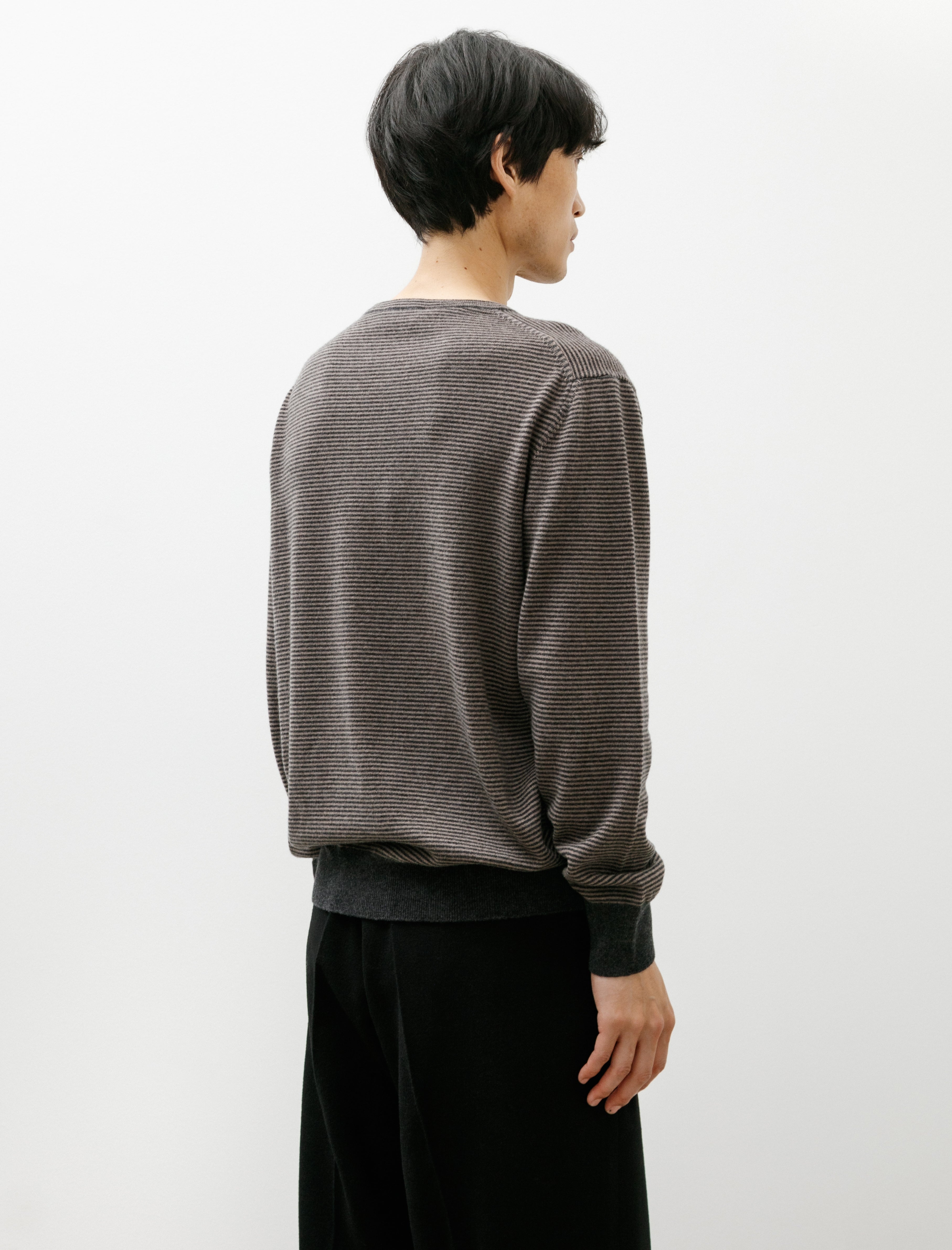 Margaret Howell Feeder Stripe Crew Merino Cashmere Taupe Charcoal
