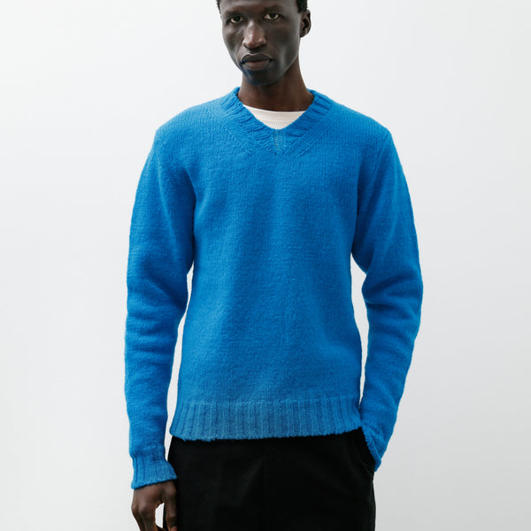 Stacked Sweater Blue ブルー　青色 Cecile Tulkens Homemade Wide V-Neck Sweater Petrol – Neighbour