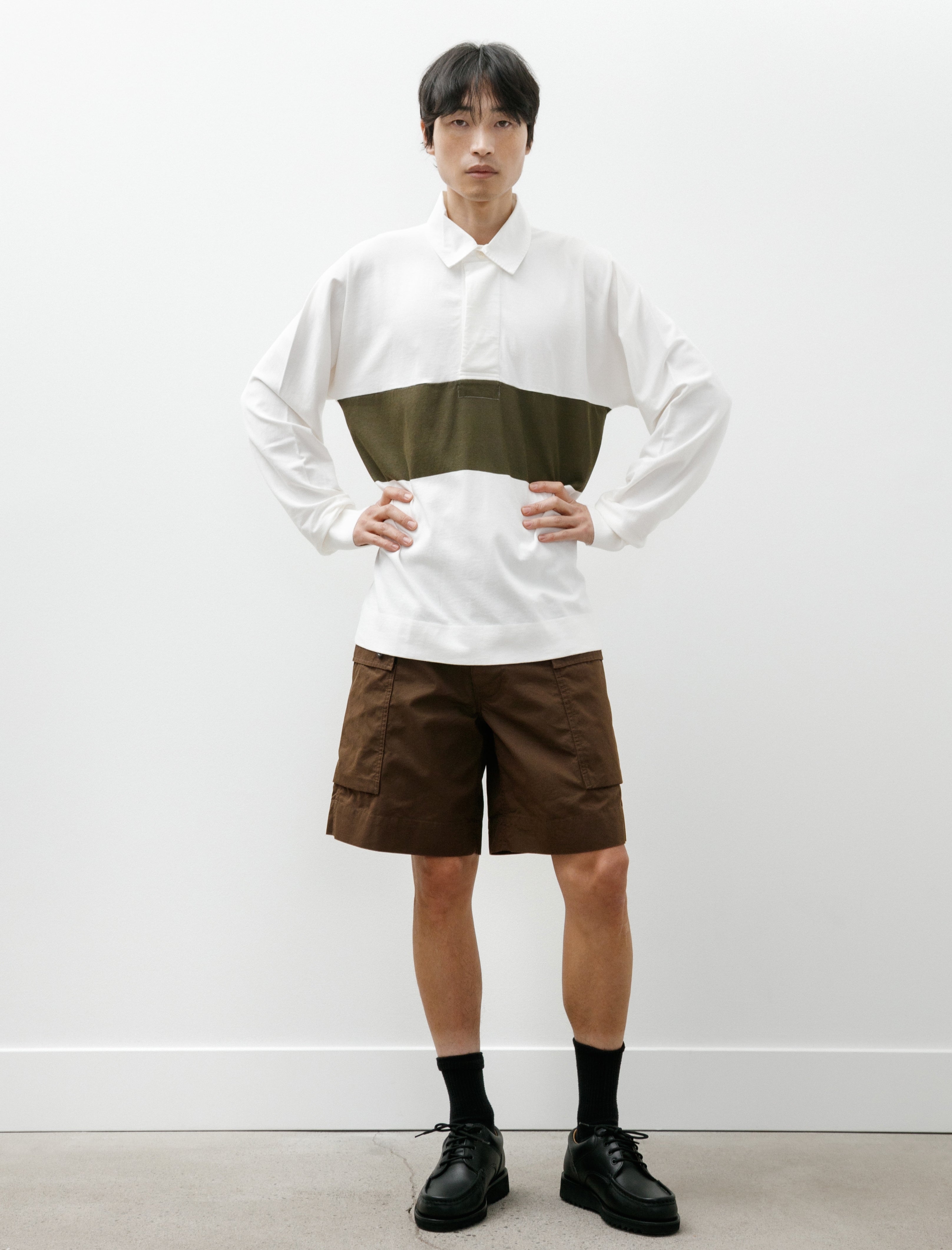 Margaret Howell MHL Rugby Shirt Matte Jersey Off White/Khaki Green