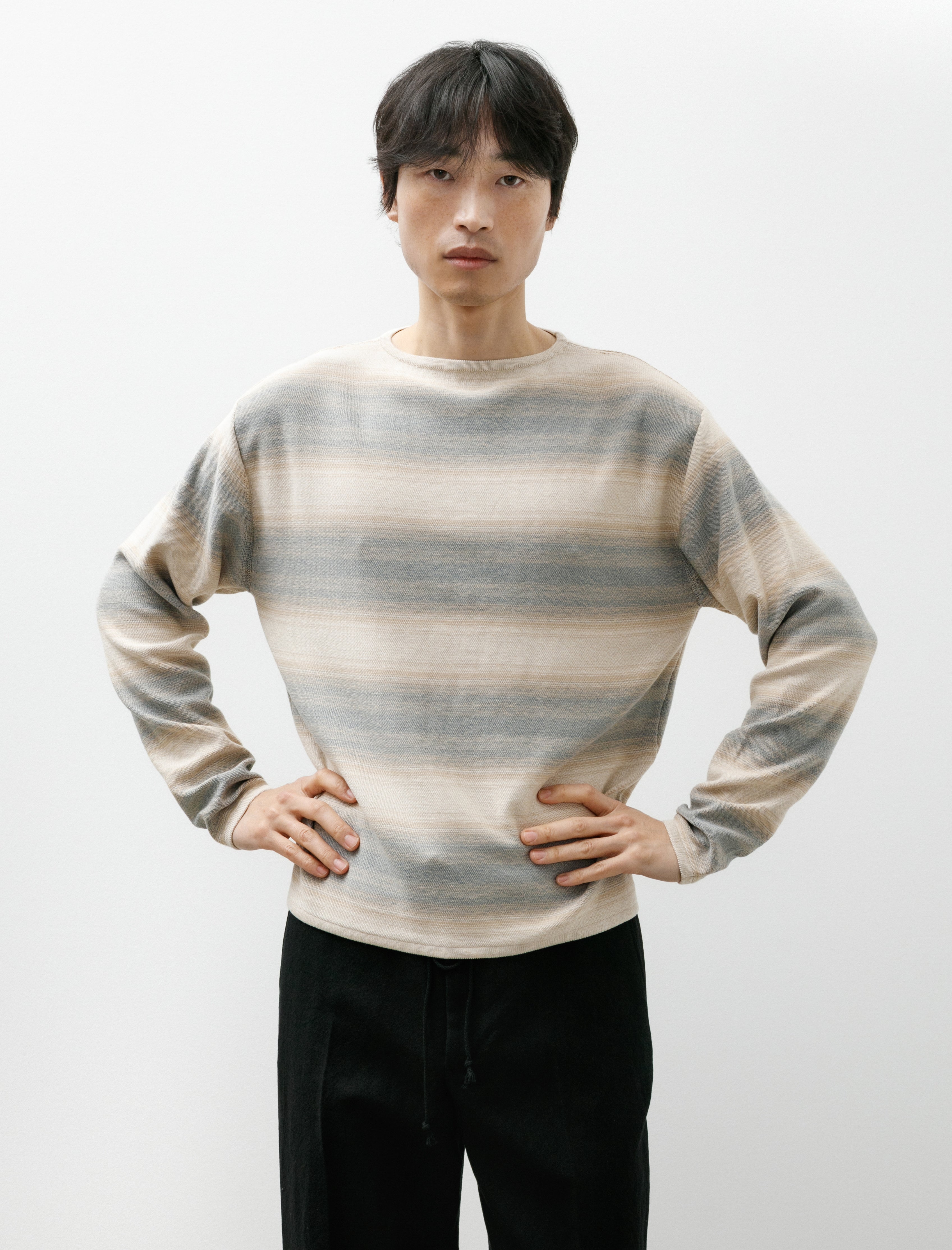 Auralee Cotton Silk Gradient Stripe Boat Neck Blue Beige Stripe