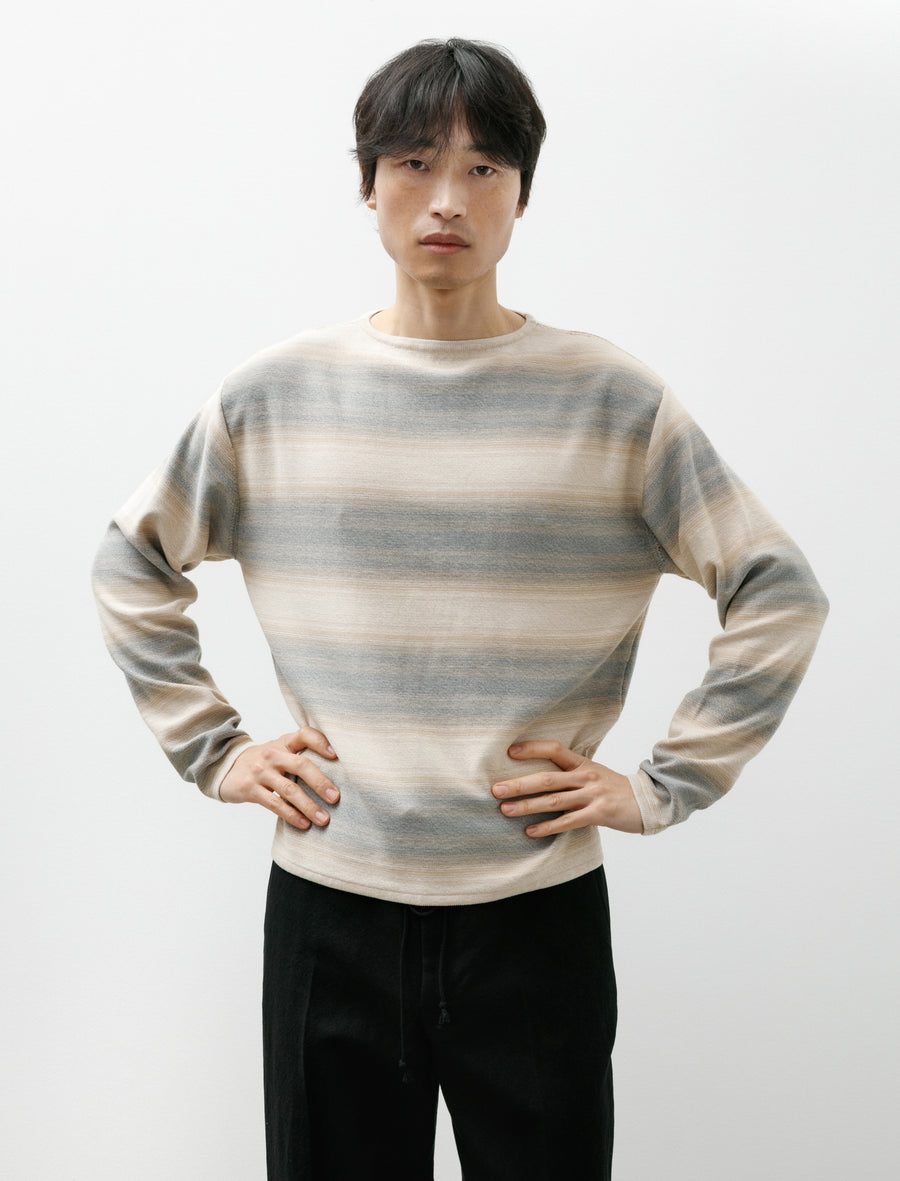 Cotton Silk Gradient Stripe Boat Neck Blue Beige Stripe - Image 1