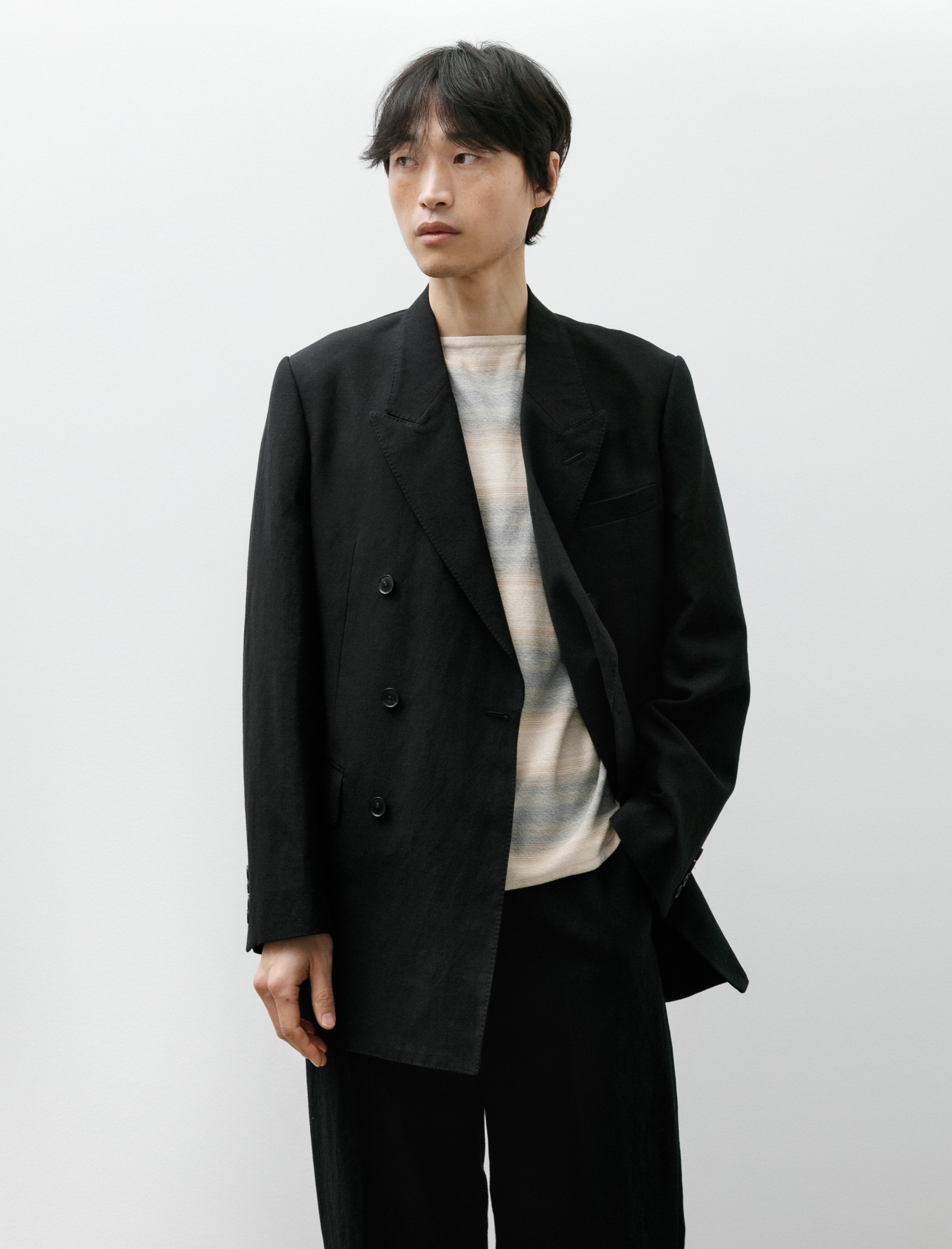 Auralee Wool Cotton Linen Ox Double Breasted Jacket Black