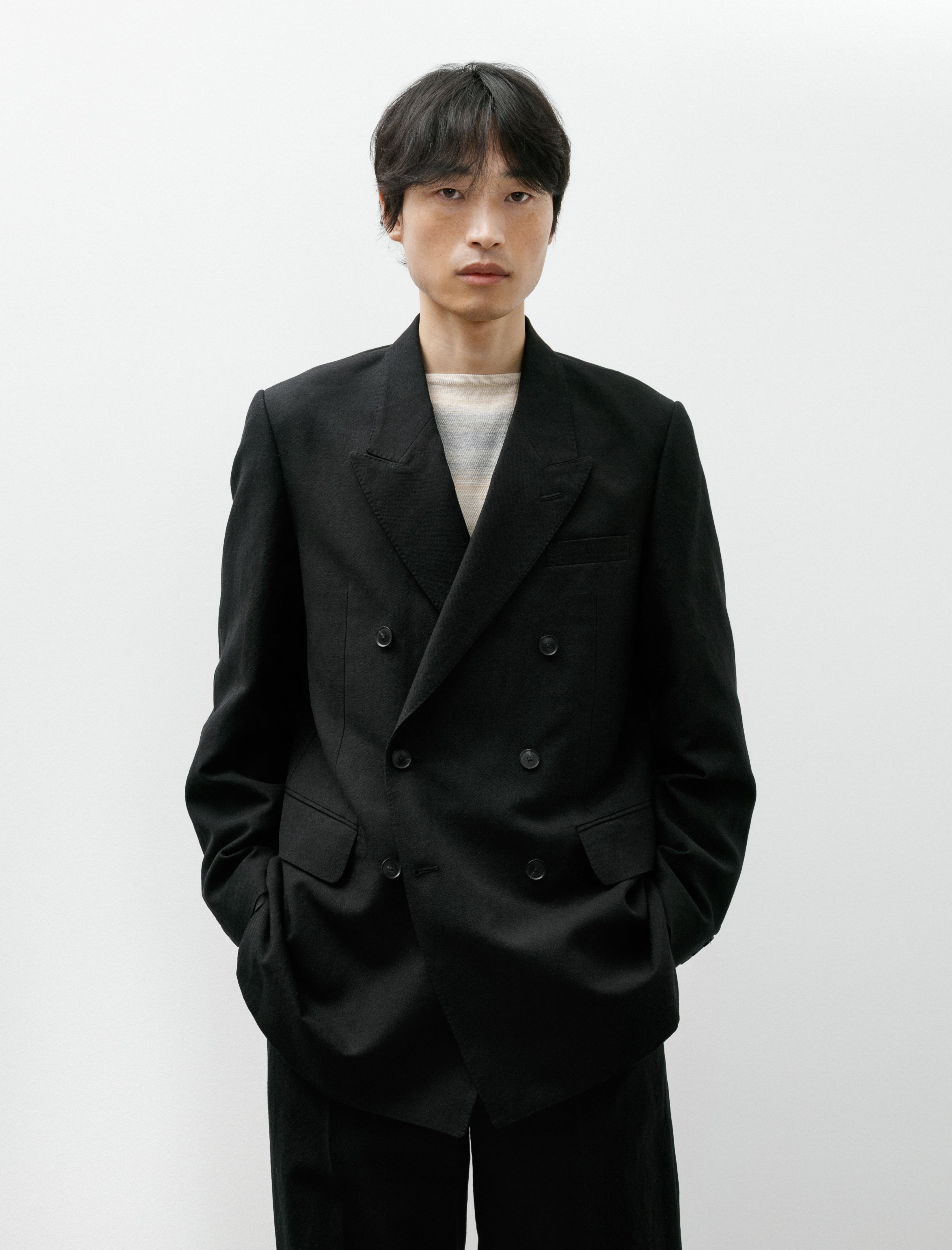 Auralee Wool Cotton Linen Ox Double Breasted Jacket Black