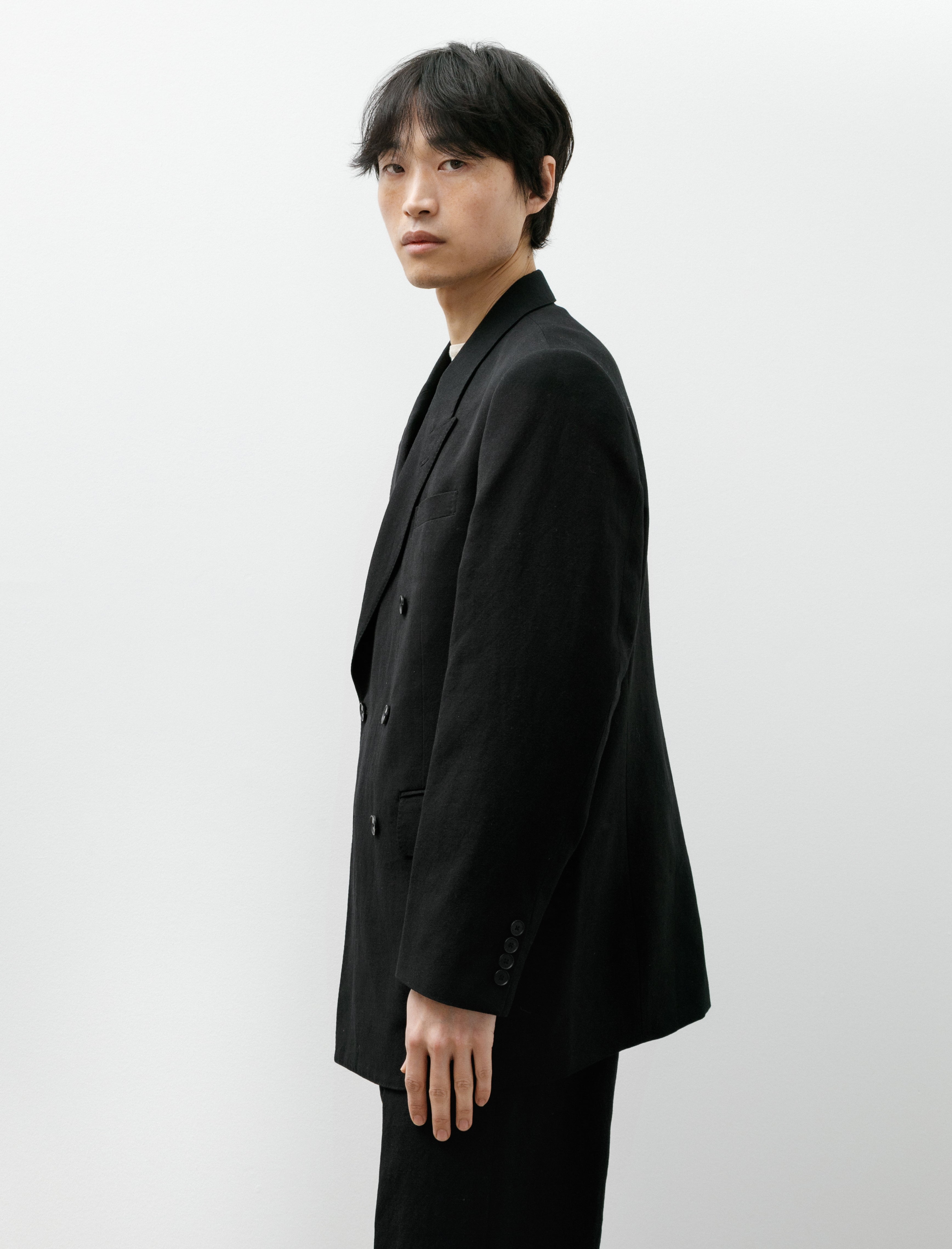 Auralee Wool Cotton Linen Ox Double Breasted Jacket Black