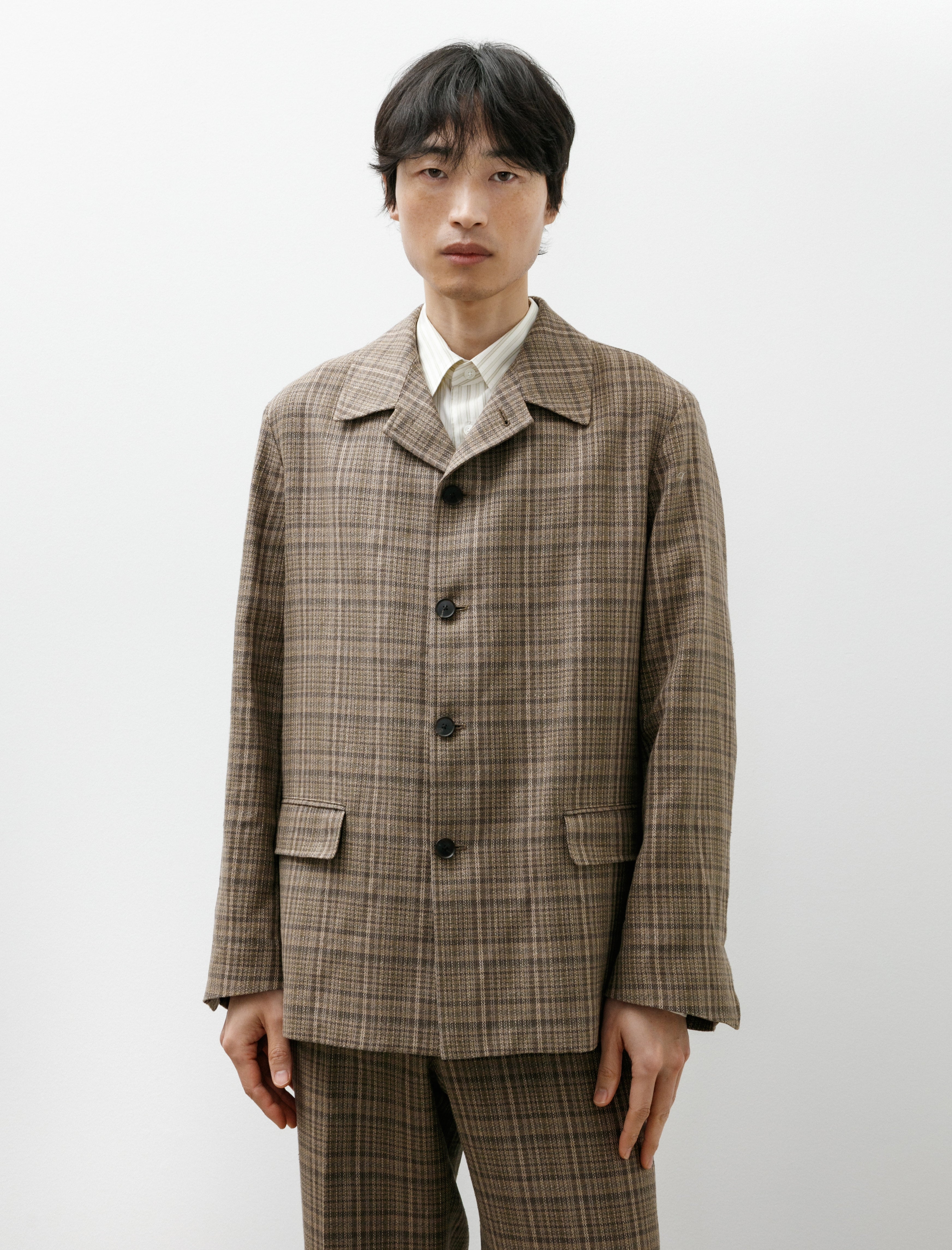Auralee Silk Linen Nep Jacket Dark Brown Check
