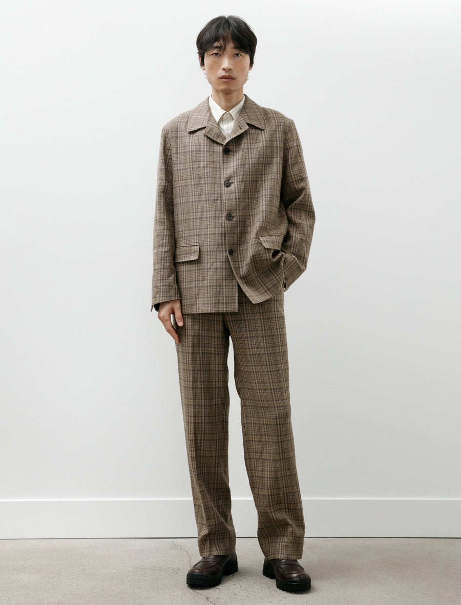 Silk Linen Nep Slacks Dark Brown Check - Image 1