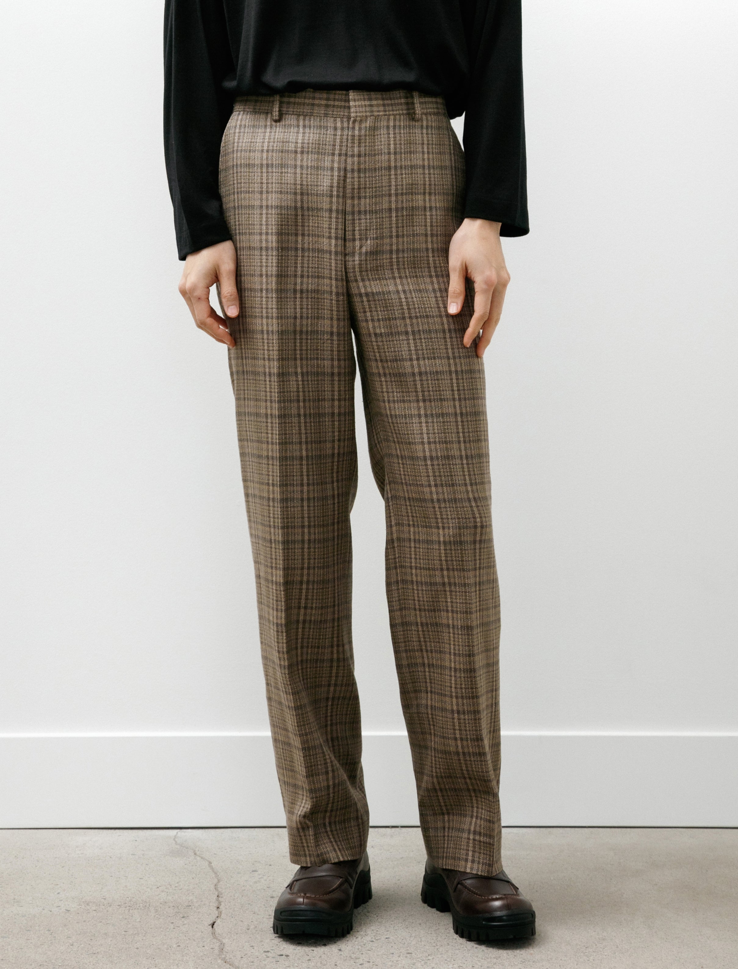 Auralee Silk Linen Nep Slacks Dark Brown Check