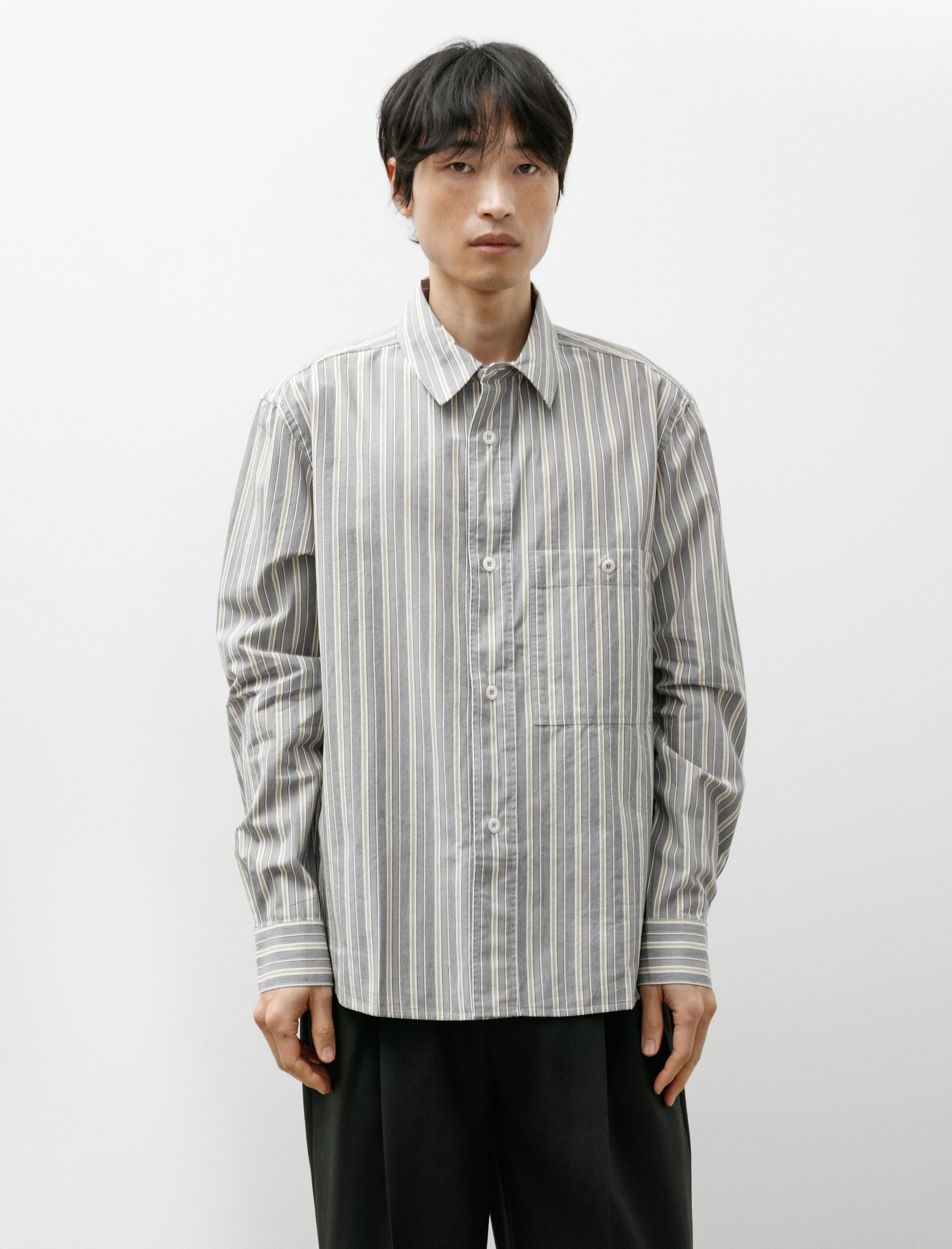 Margaret Howell MHL Overall Shirt Pyjama Stripe Cotton Off White/Grey/Zest