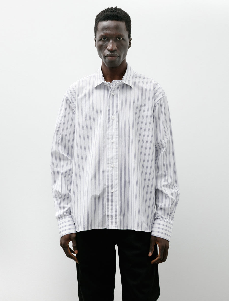 Double Collar Shirt Albini Cotton Fine Blue Stripes - Image 1