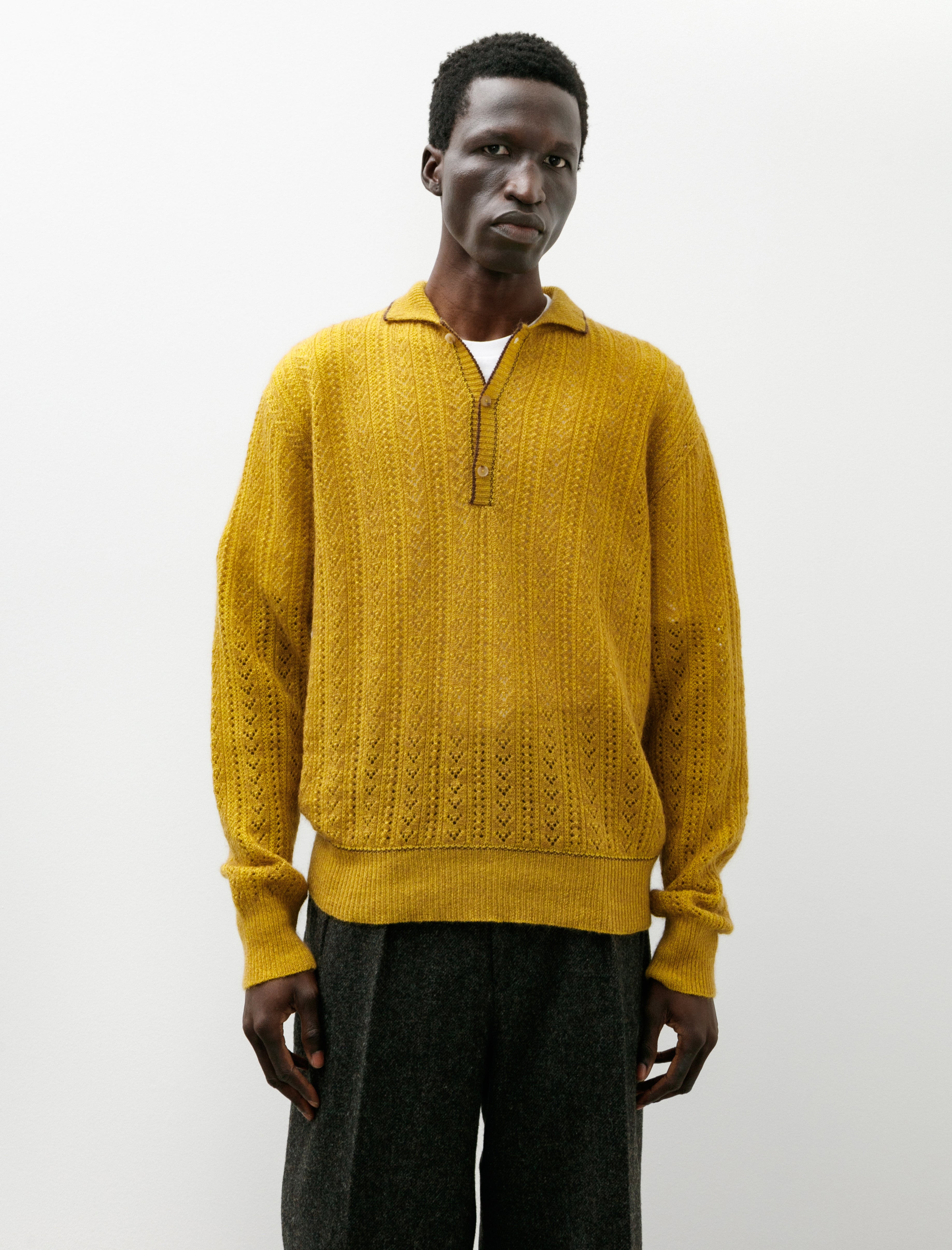 Maatee & Sons Mohair Cashmere Button Polo Sweater Yellow