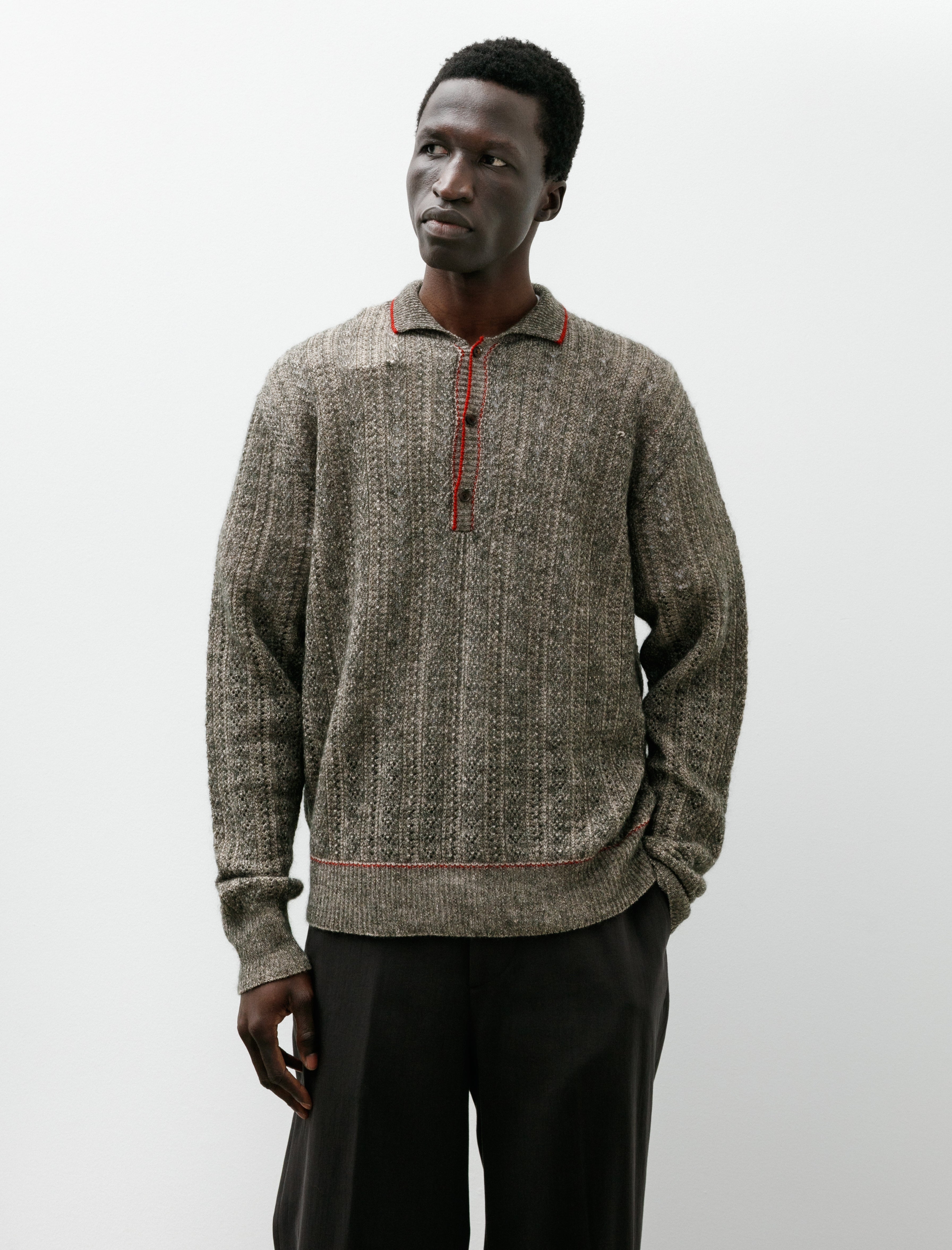 Maatee & Sons Mohair Cashmere Button Polo Sweater Khaki Beige