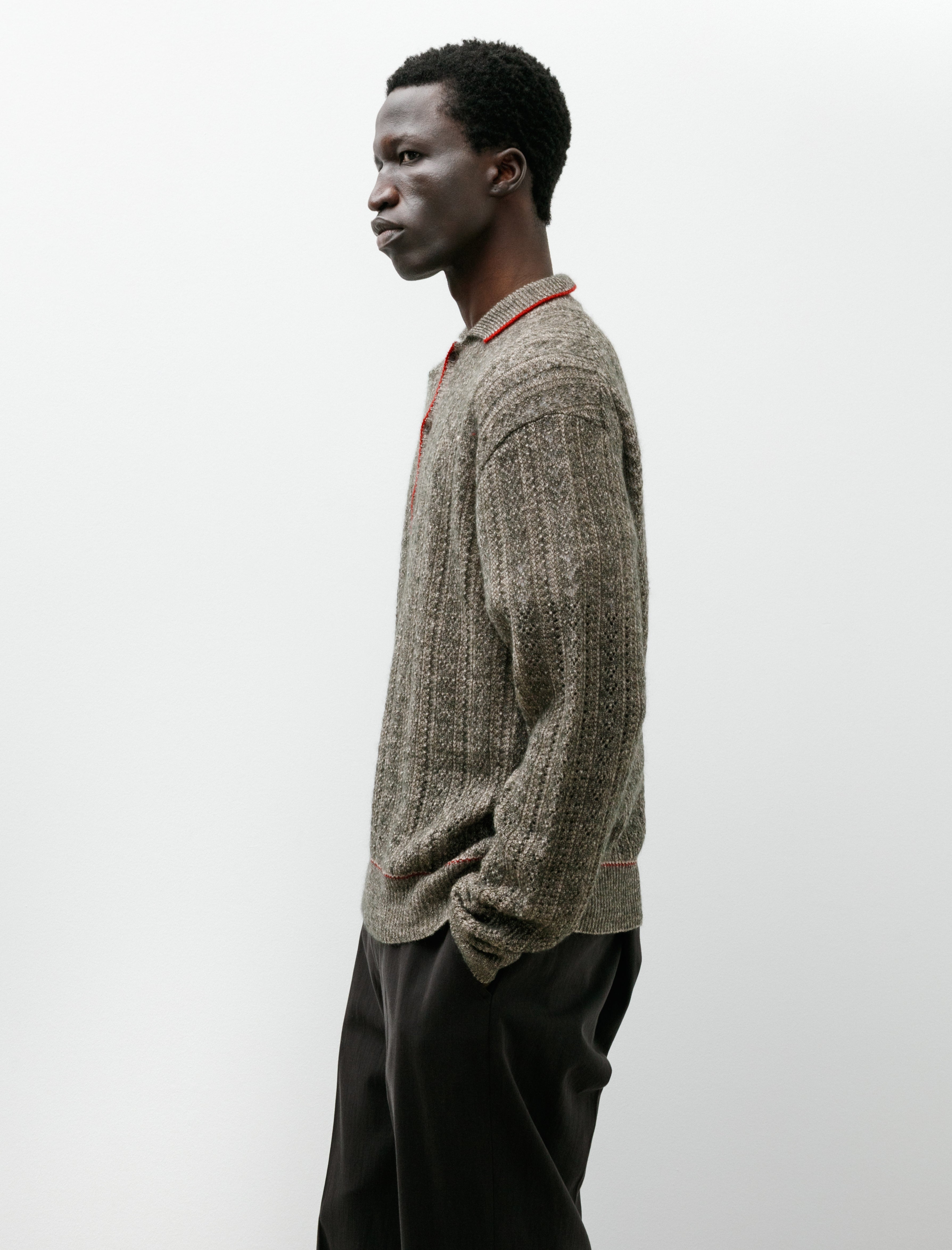 Maatee & Sons Mohair Cashmere Button Polo Sweater Khaki Beige