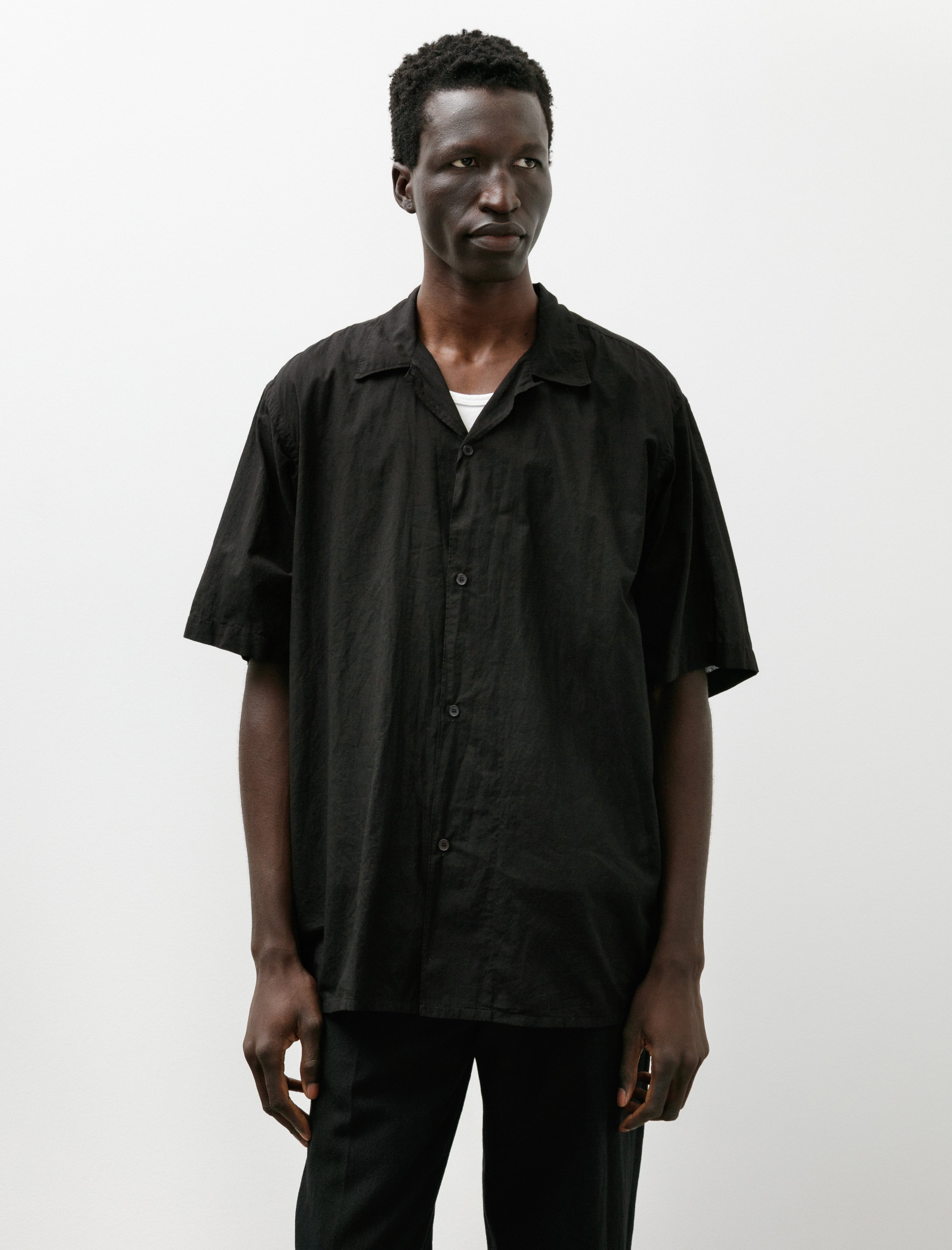 Comoli Khadi Cotton Short Sleeve Open Collar Shirt Black