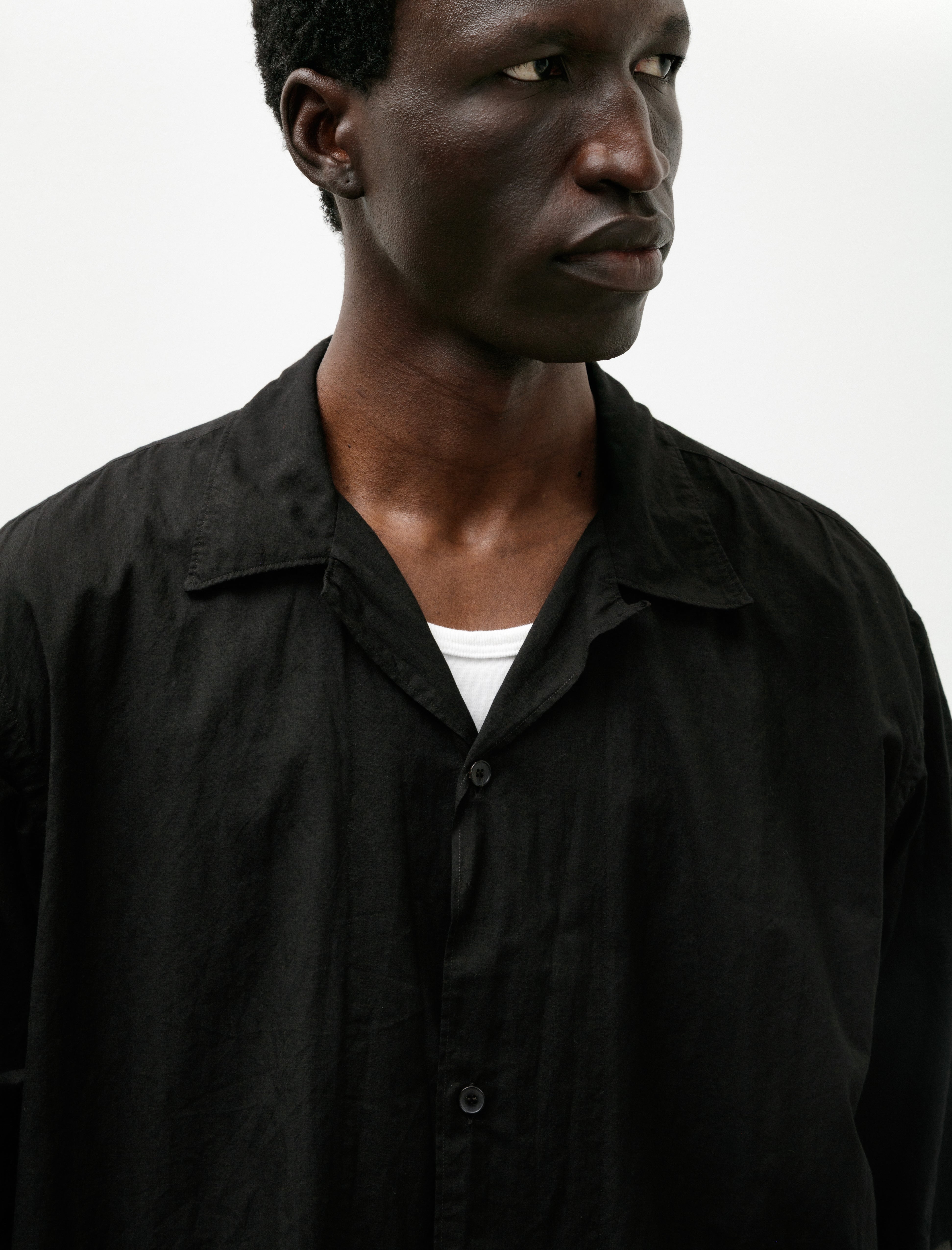 Comoli Khadi Cotton Short Sleeve Open Collar Shirt Black