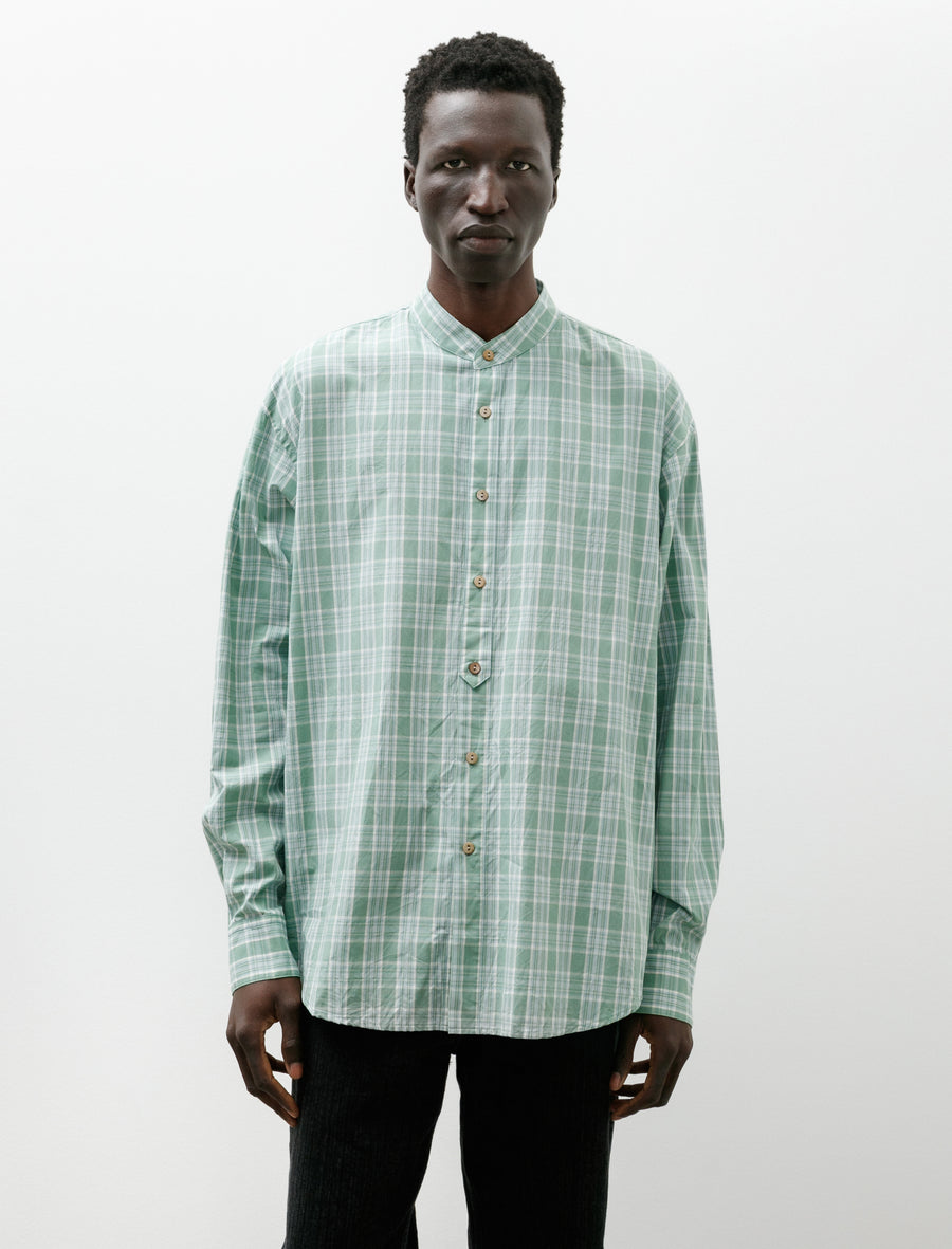 Band Collar Shirt Green Check - Image 1
