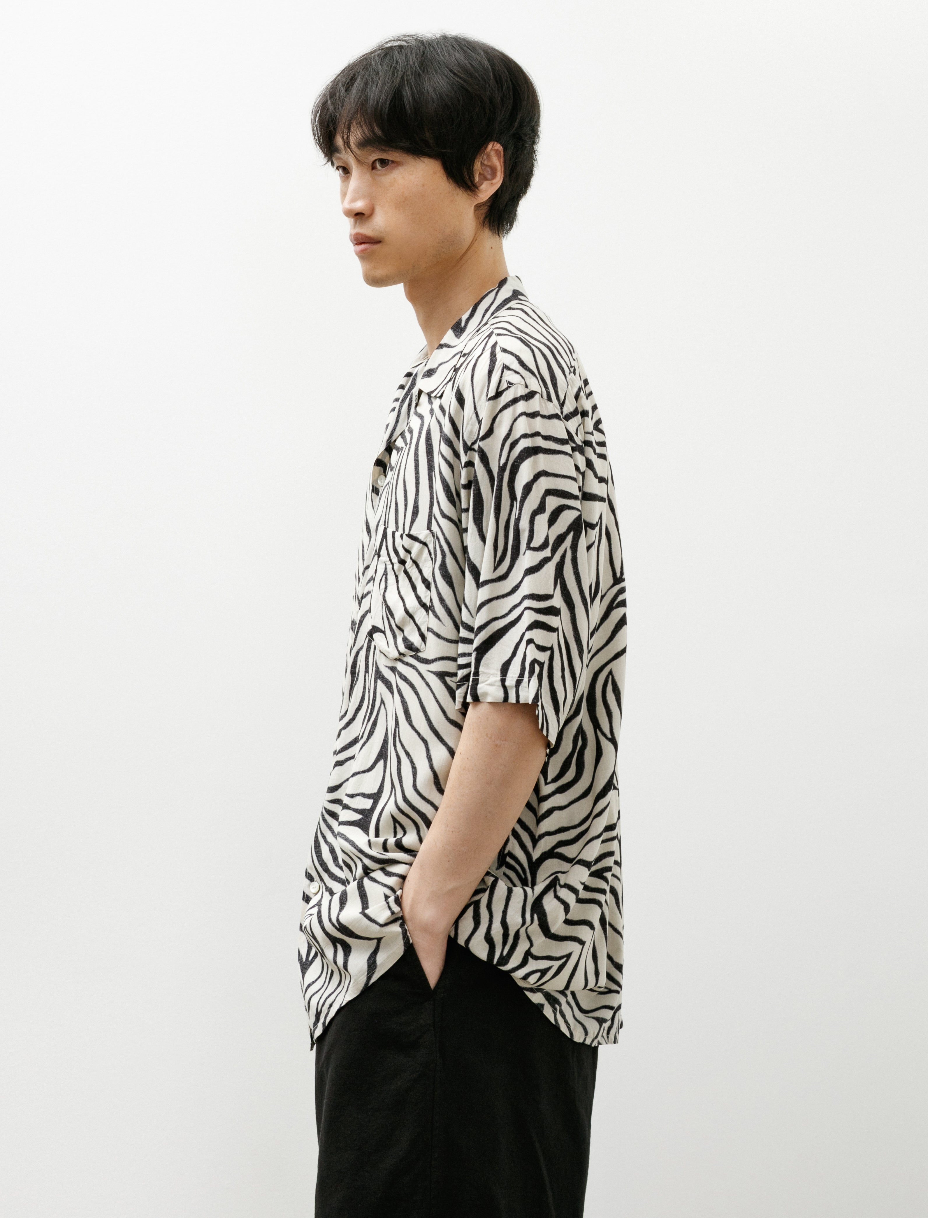 Comoli Short-Sleeve Open Collar Shirt Zebra