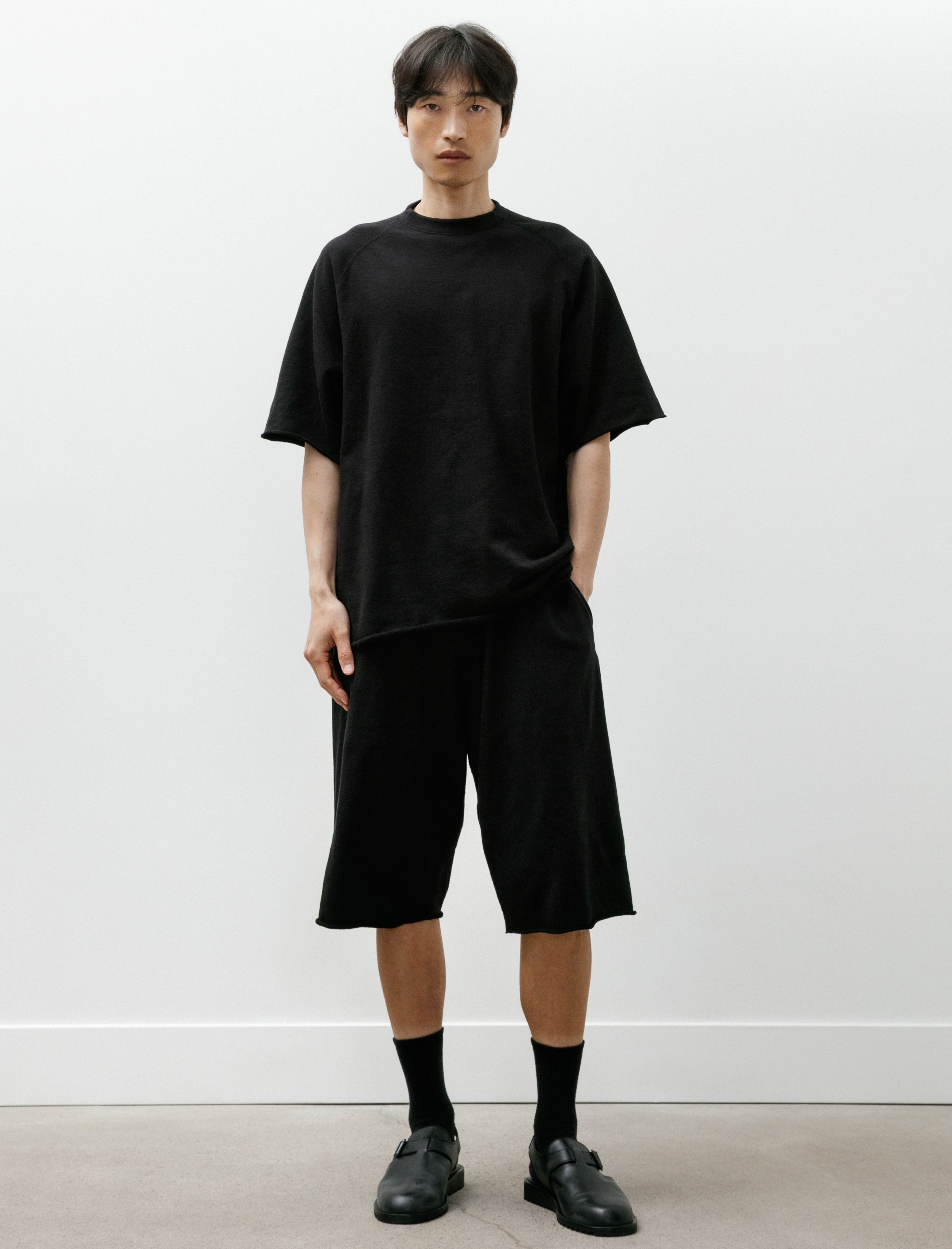 Comoli LW Cotton Fleece Short-Sleeve Crew Neck Top Black
