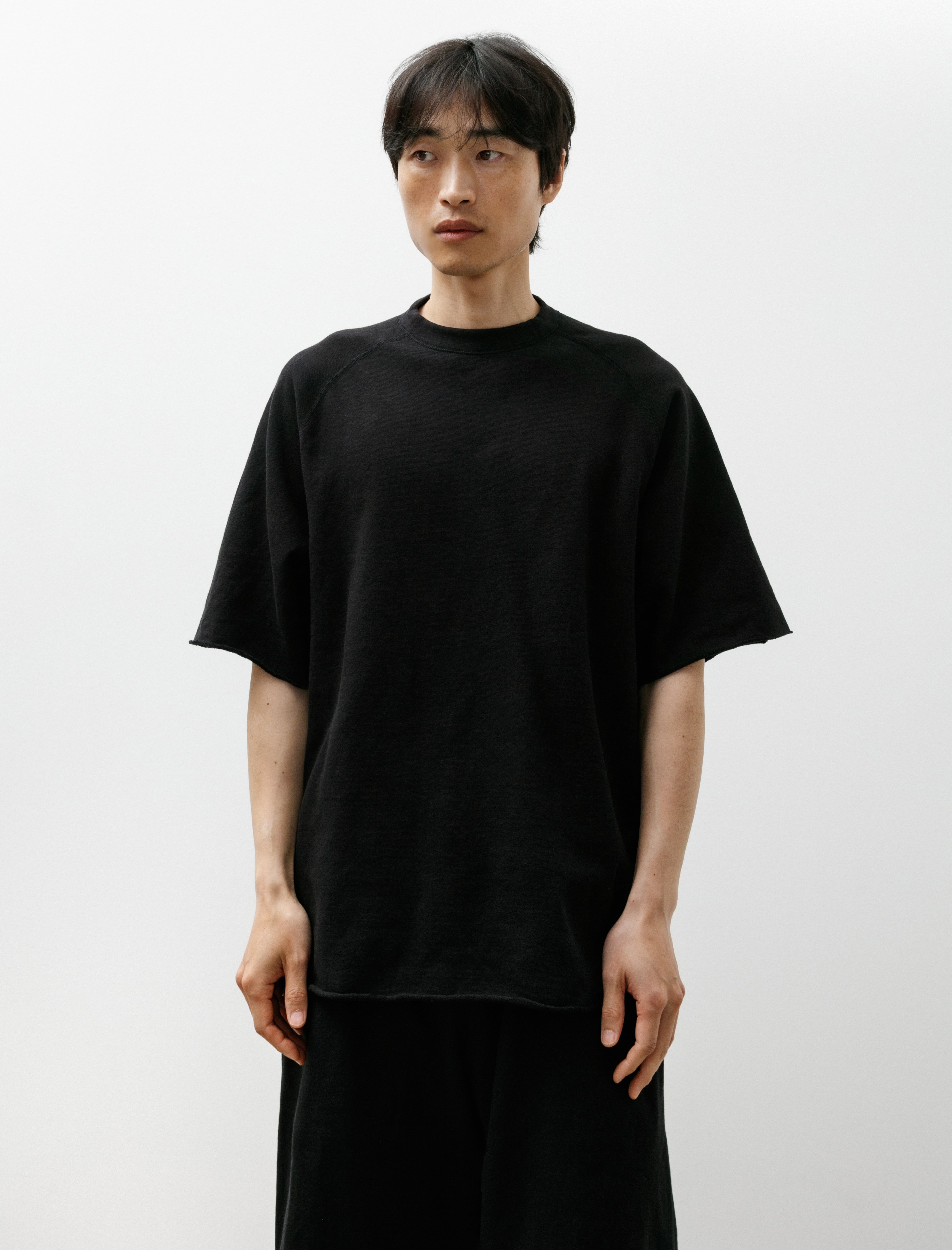 Comoli LW Cotton Fleece Short-Sleeve Crew Neck Top Black