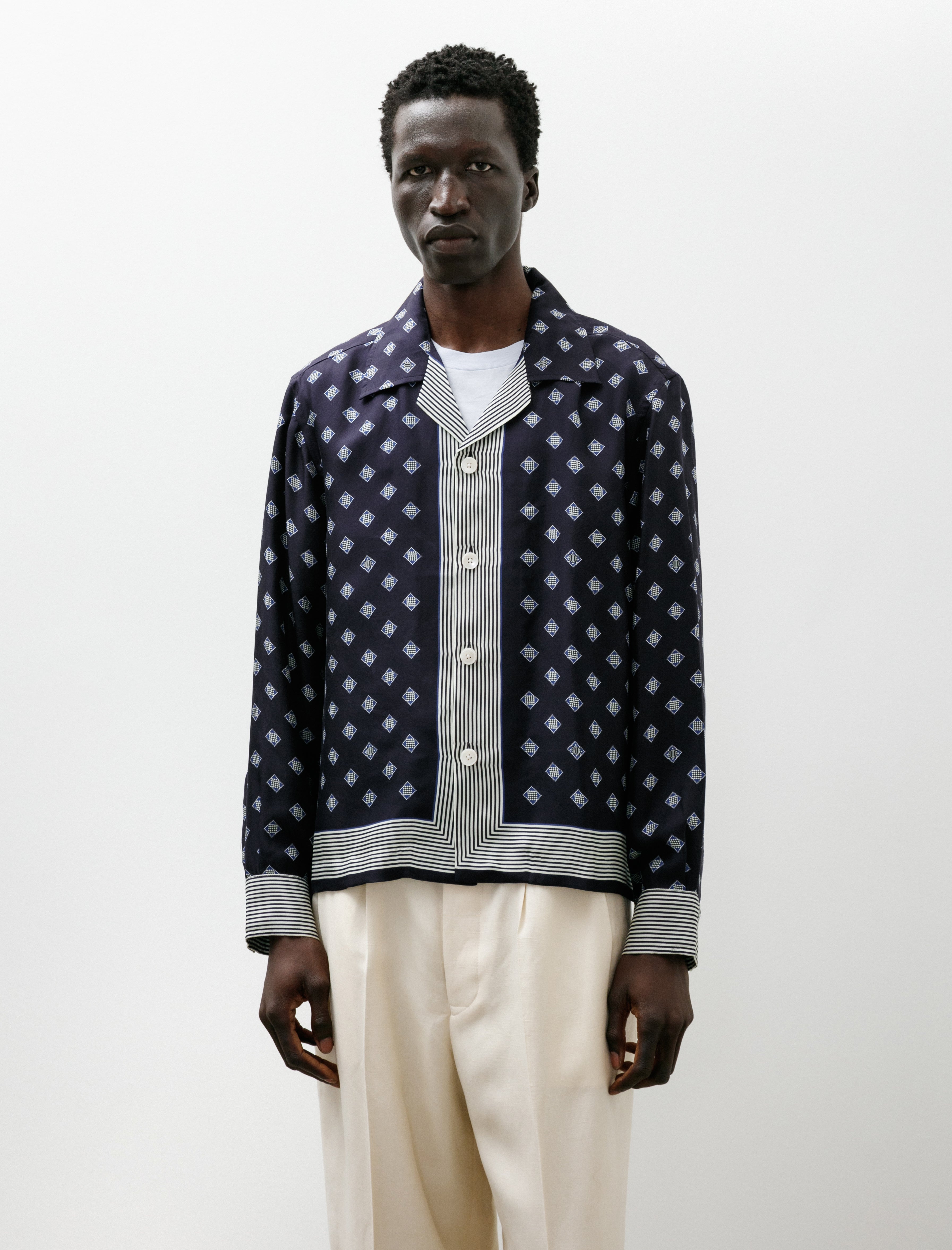 Bode Foyer Diamond Long Sleeve Shirt Navy Blue