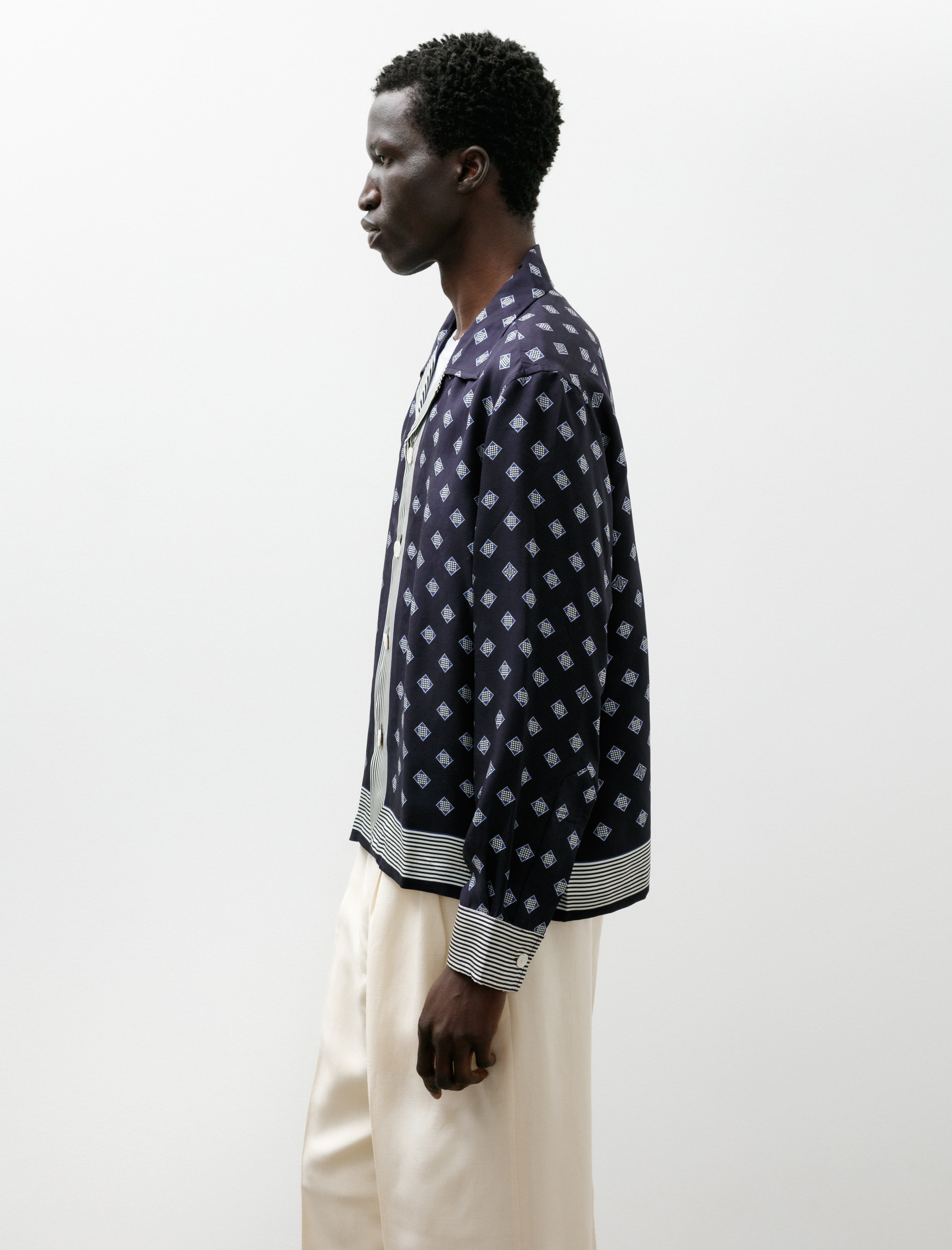 Bode Foyer Diamond Long Sleeve Shirt Navy Blue