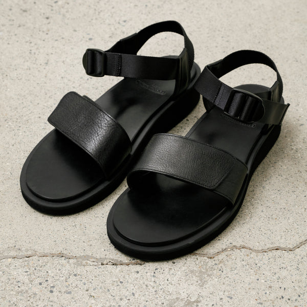 Footworks Sandals with Velcro Straps Wide Belt Grain Leather Black