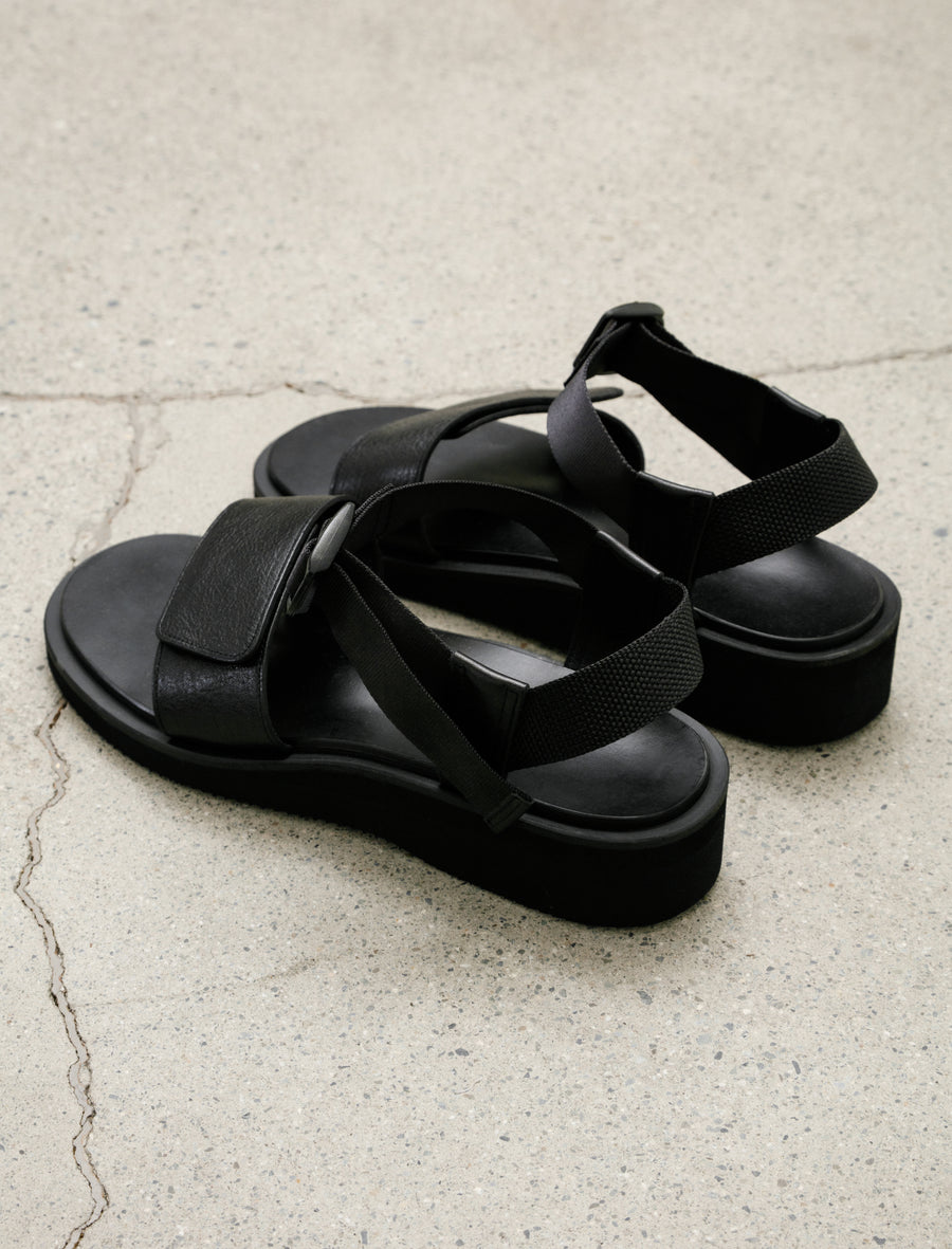 Sandals with Velcro Straps Wide Belt Grain Leather Black - Image 3