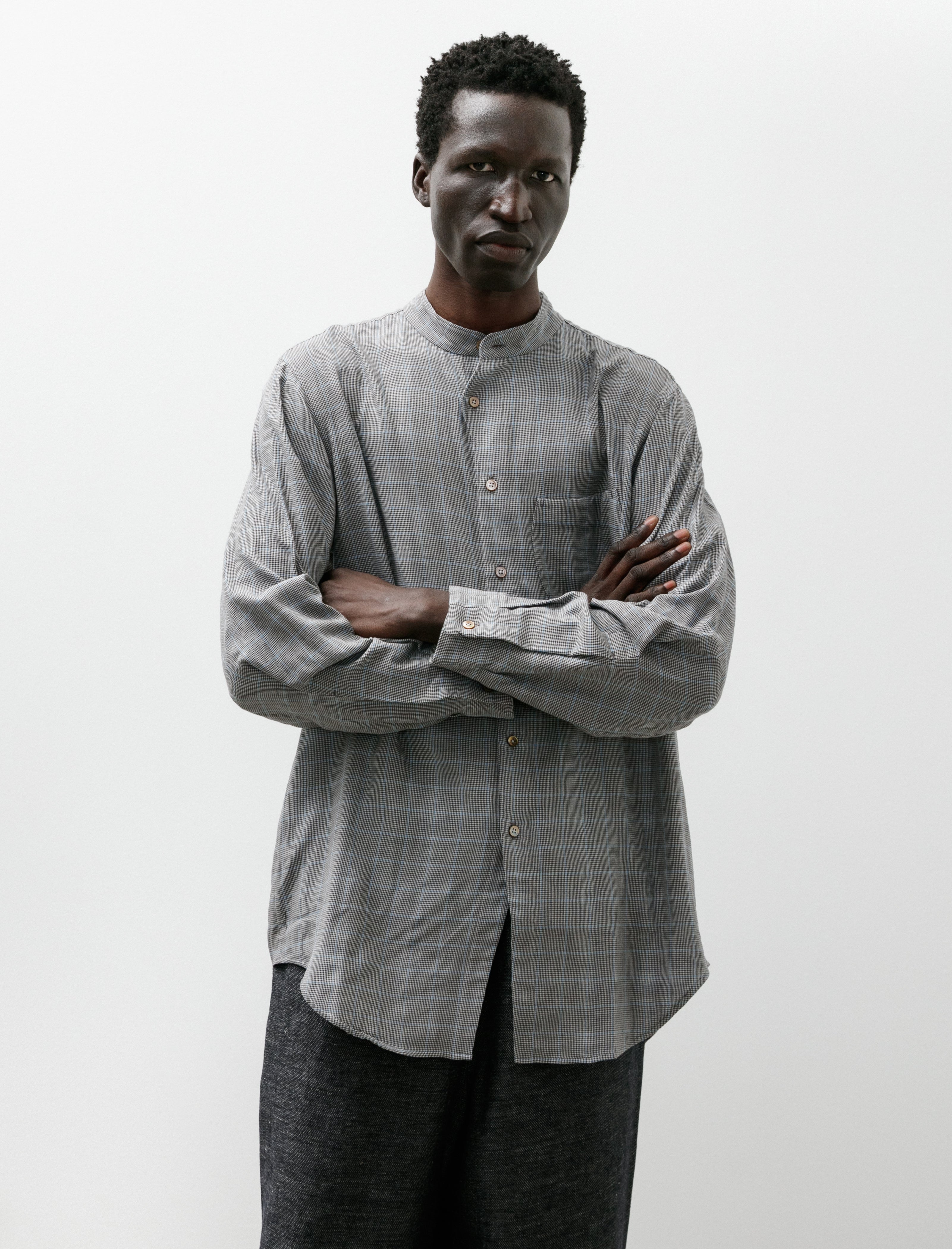 Gorsch Contrast Face Check Gauze Cotton Stand Collar Shirt