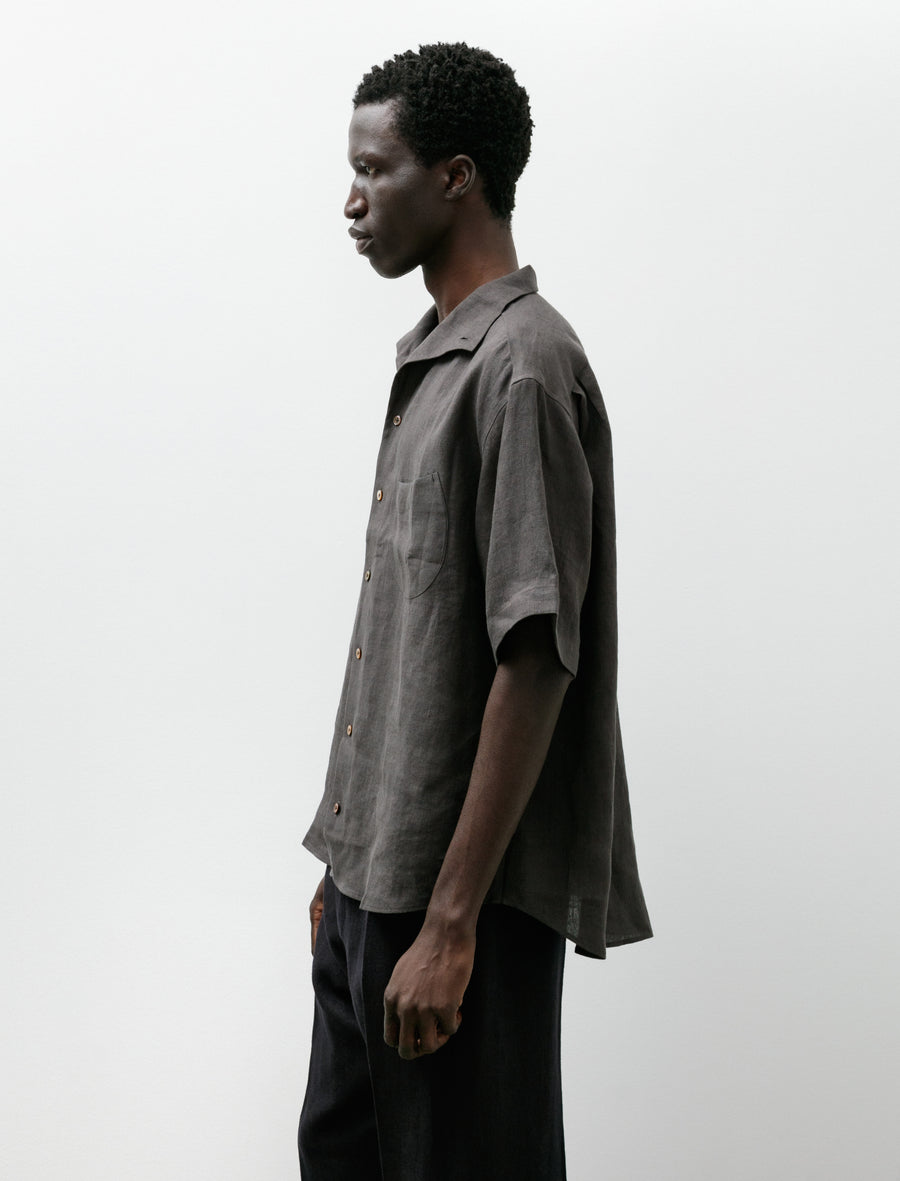 European Linen Italian Collar Short Sleeve Shirt Charcoal - Image 3