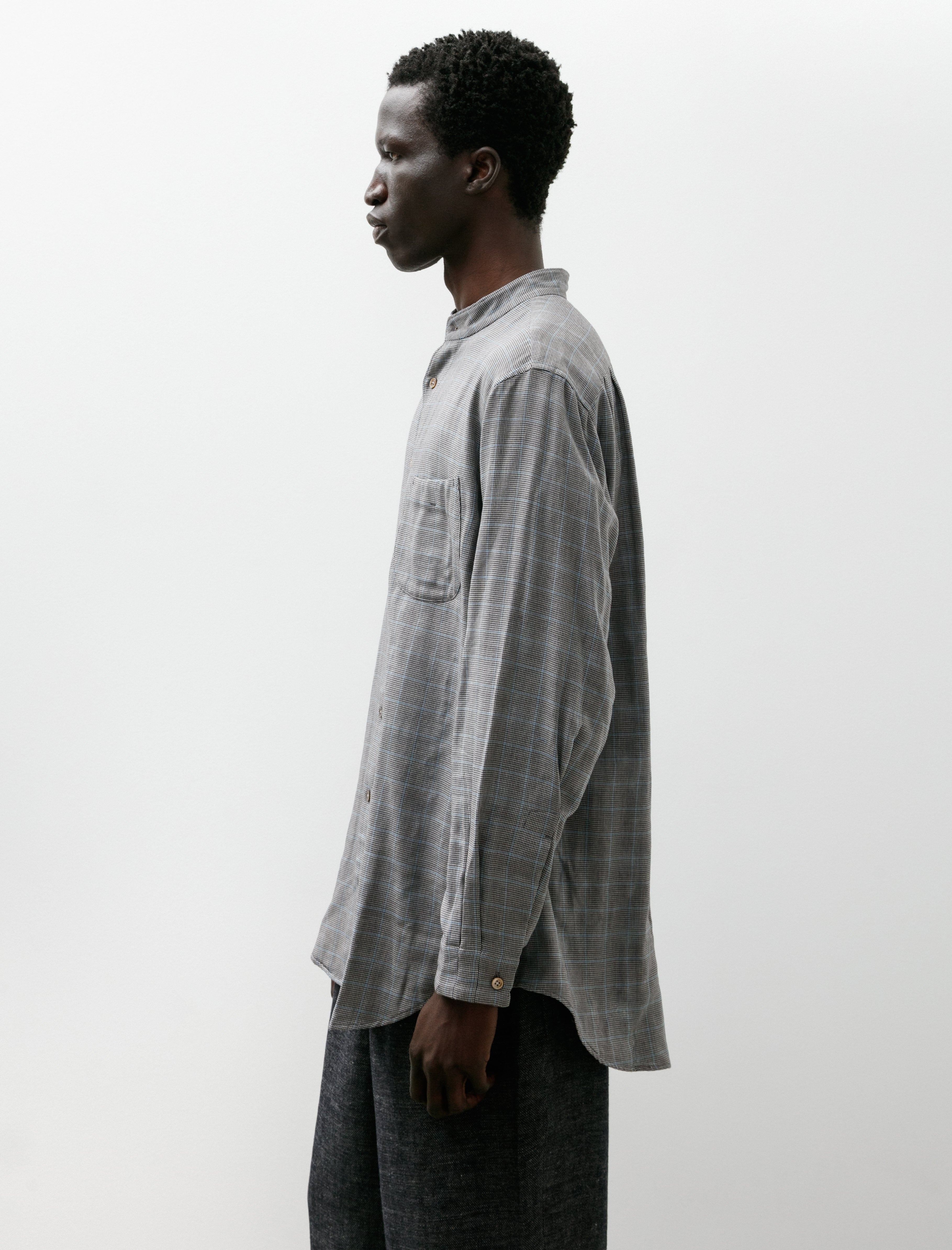 Gorsch Contrast Face Check Gauze Cotton Stand Collar Shirt