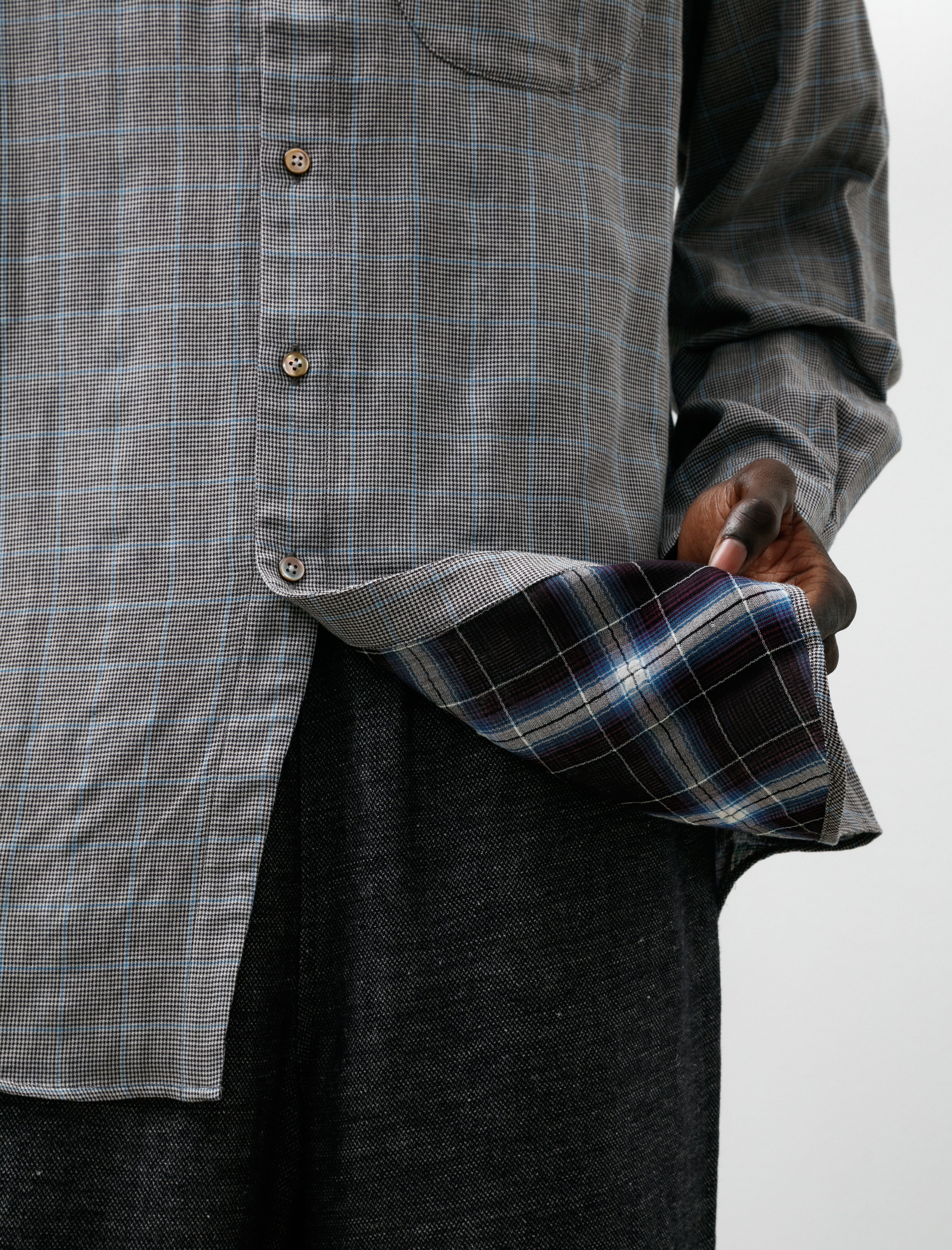 Gorsch Contrast Face Check Gauze Cotton Stand Collar Shirt