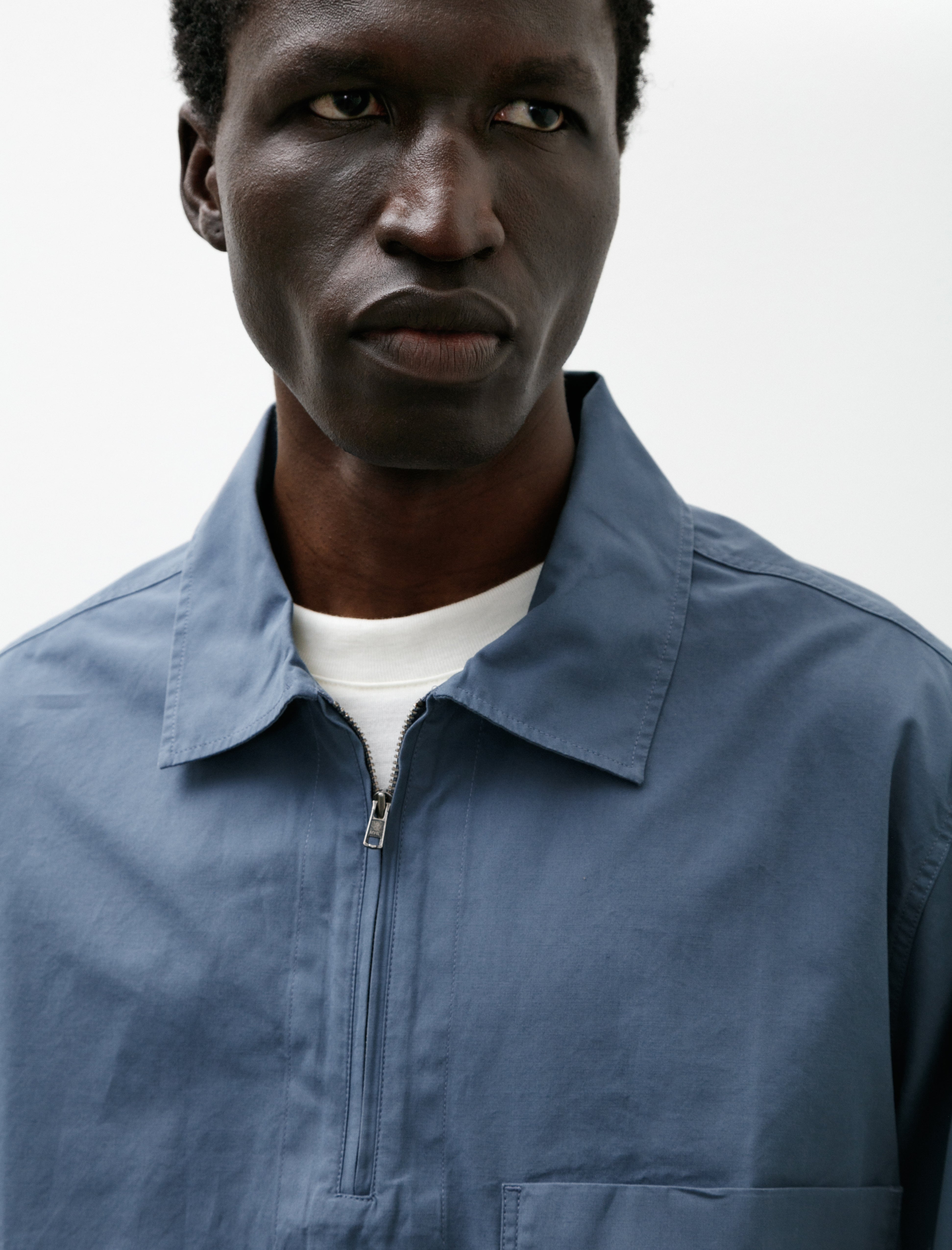 Margaret Howell MHL Long Sleeve Half Zip Shirt Sanded Poplin Uniform Blue
