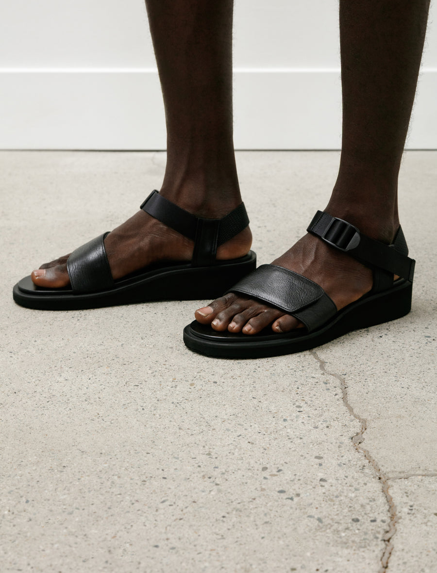 Sandals with Velcro Straps Wide Belt Grain Leather Black - Image 6
