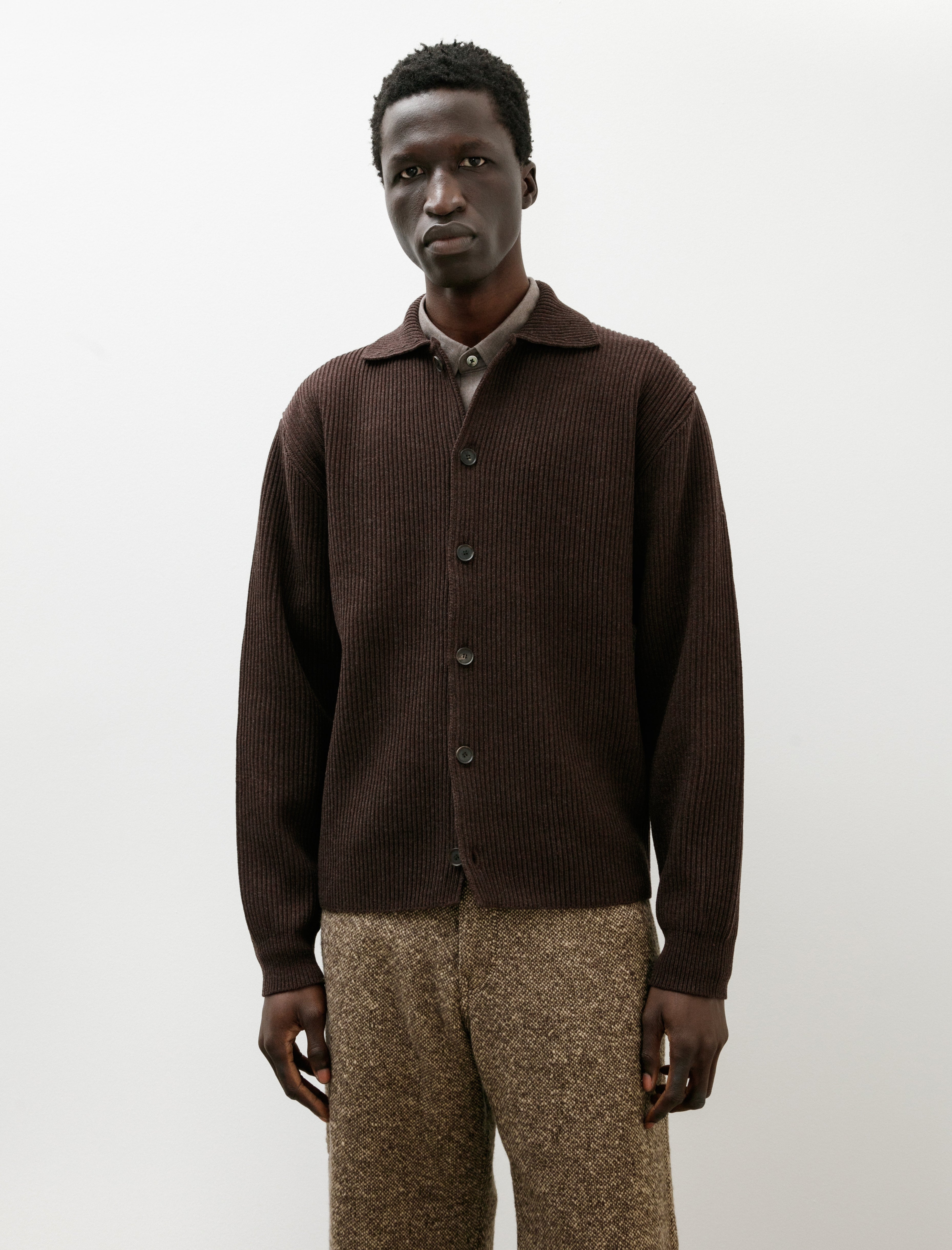 Auralee Super Fine Wool Rib Knit Shirt Cardigan Top Brown