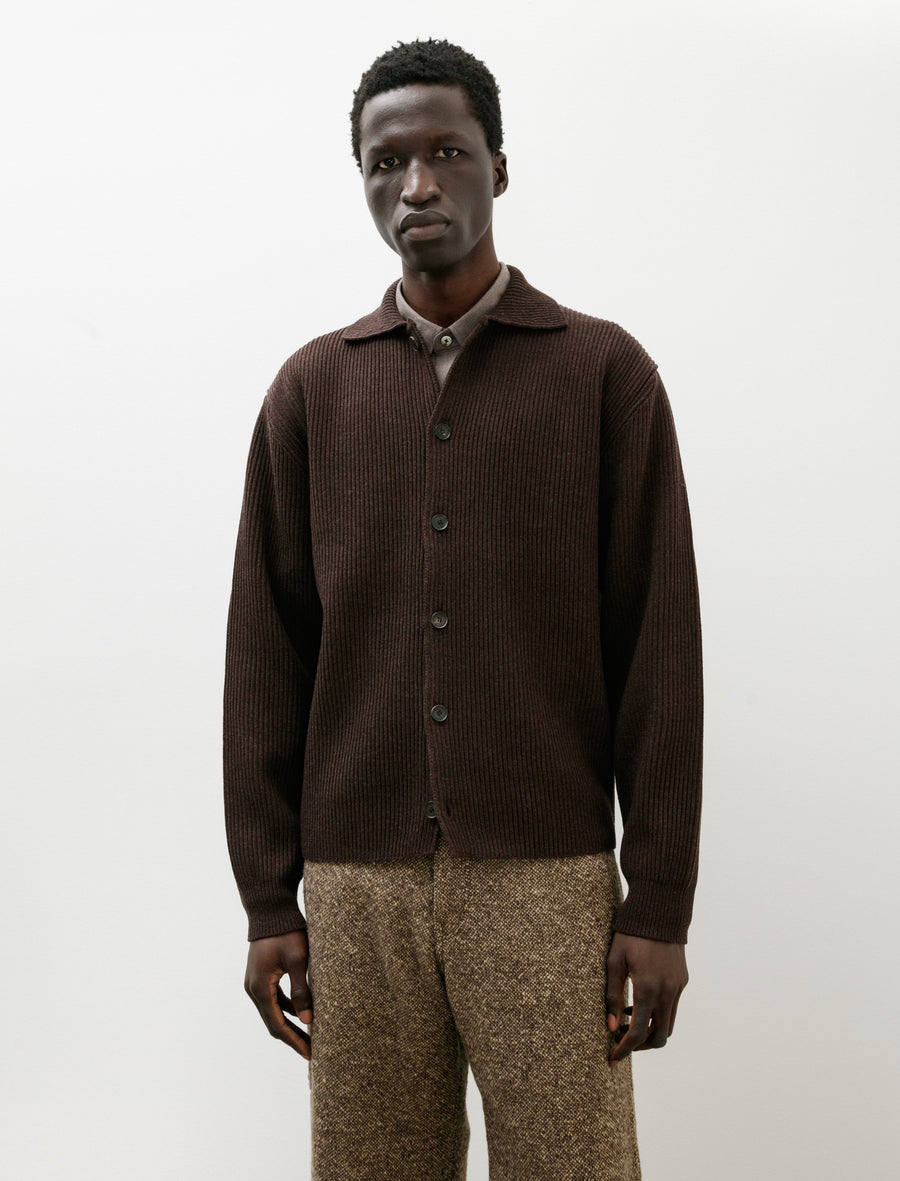 Super Fine Wool Rib Knit Shirt Cardigan Top Brown - Image 1