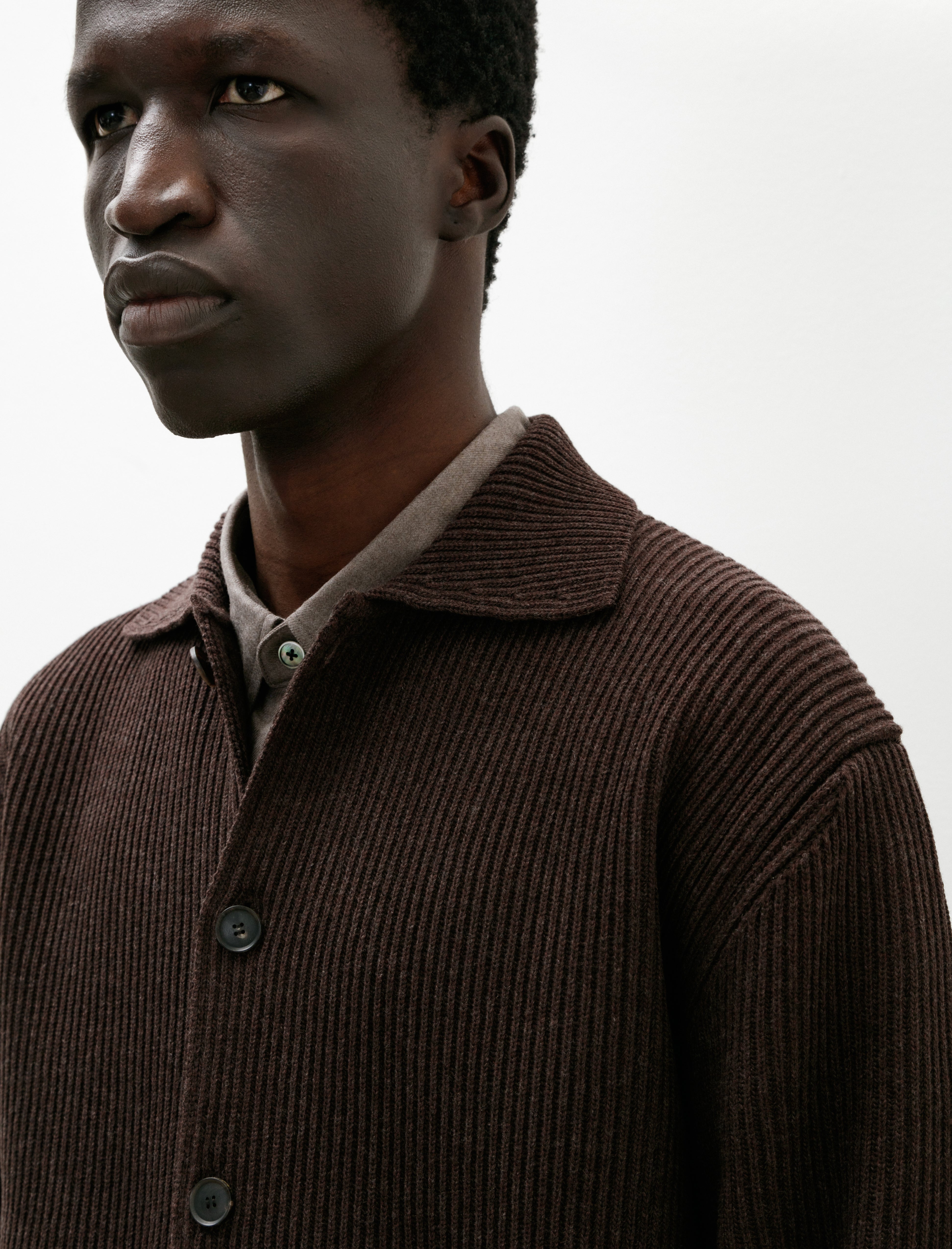 Auralee Super Fine Wool Rib Knit Shirt Cardigan Top Brown