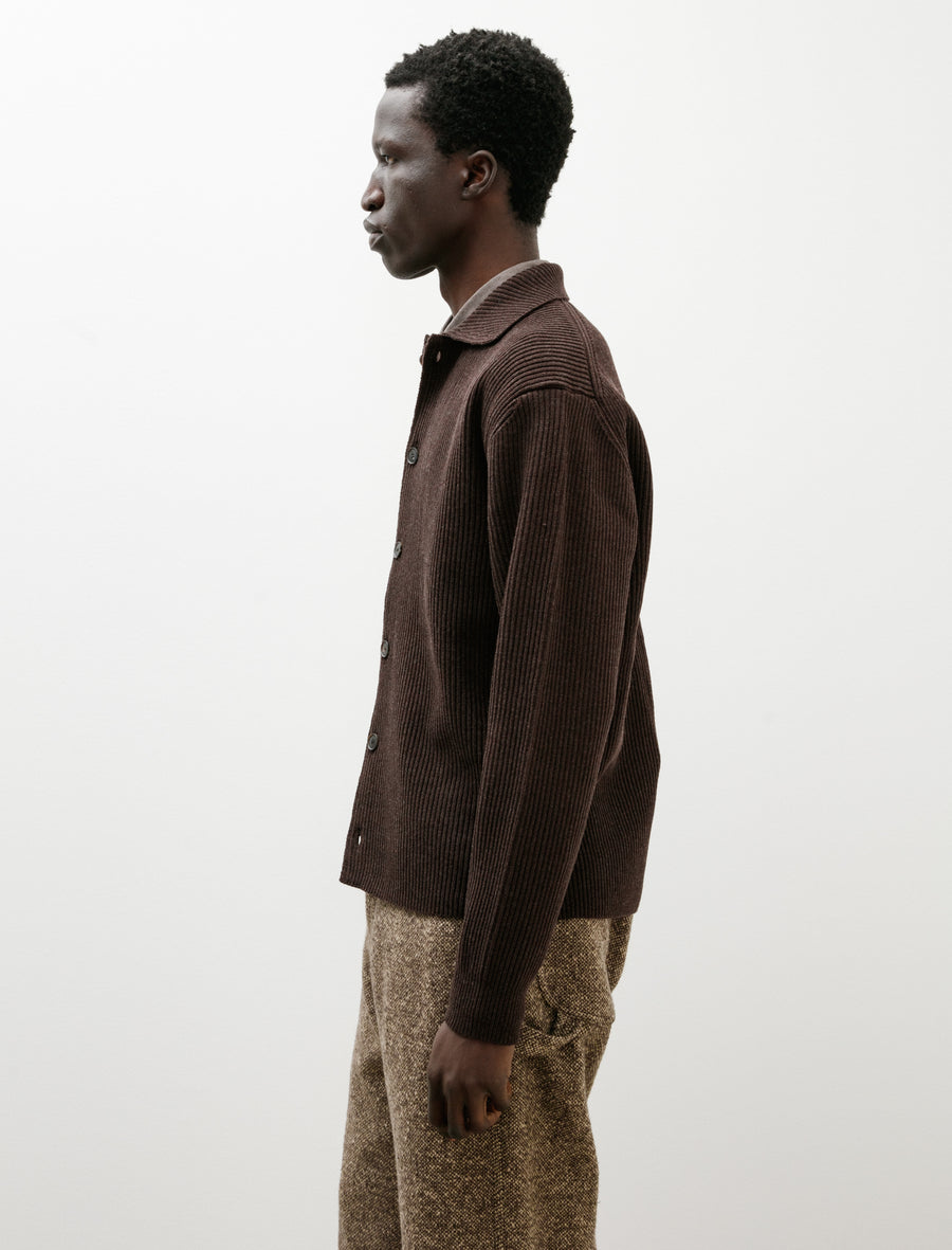 Super Fine Wool Rib Knit Shirt Cardigan Top Brown - Image 3