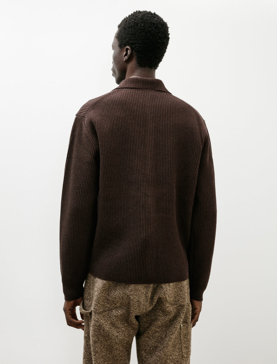 Super Fine Wool Rib Knit Shirt Cardigan Top Brown - Image 2