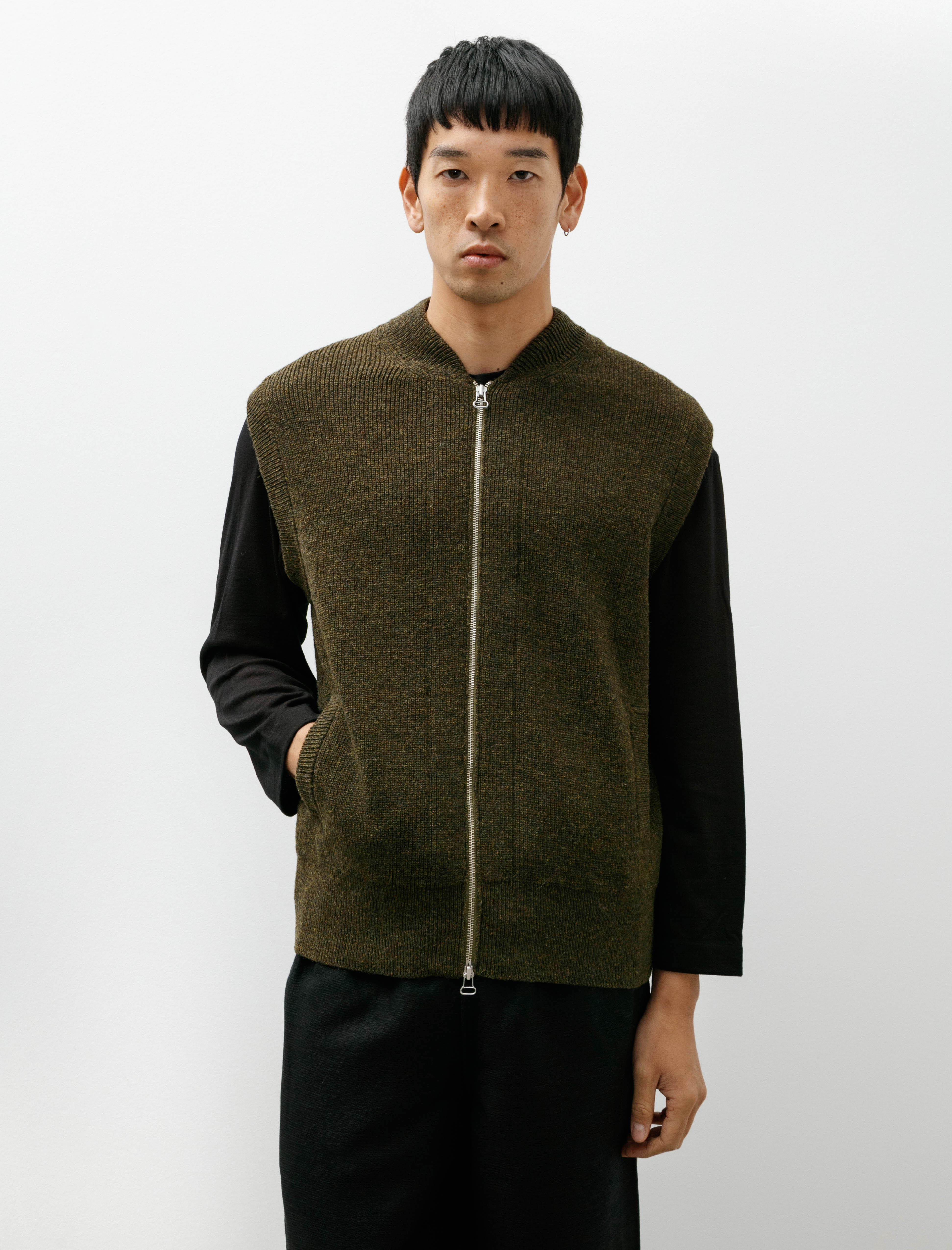 Slopeslow Zip Front Vest Hard Twisted Shetland Khaki Mix