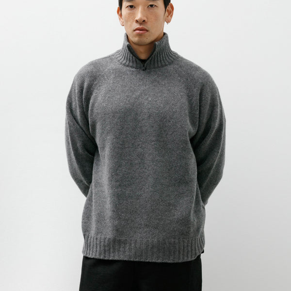 Margaret Howell Zip Mock Neck Soft Spun Wool Cashmere Grey Melange