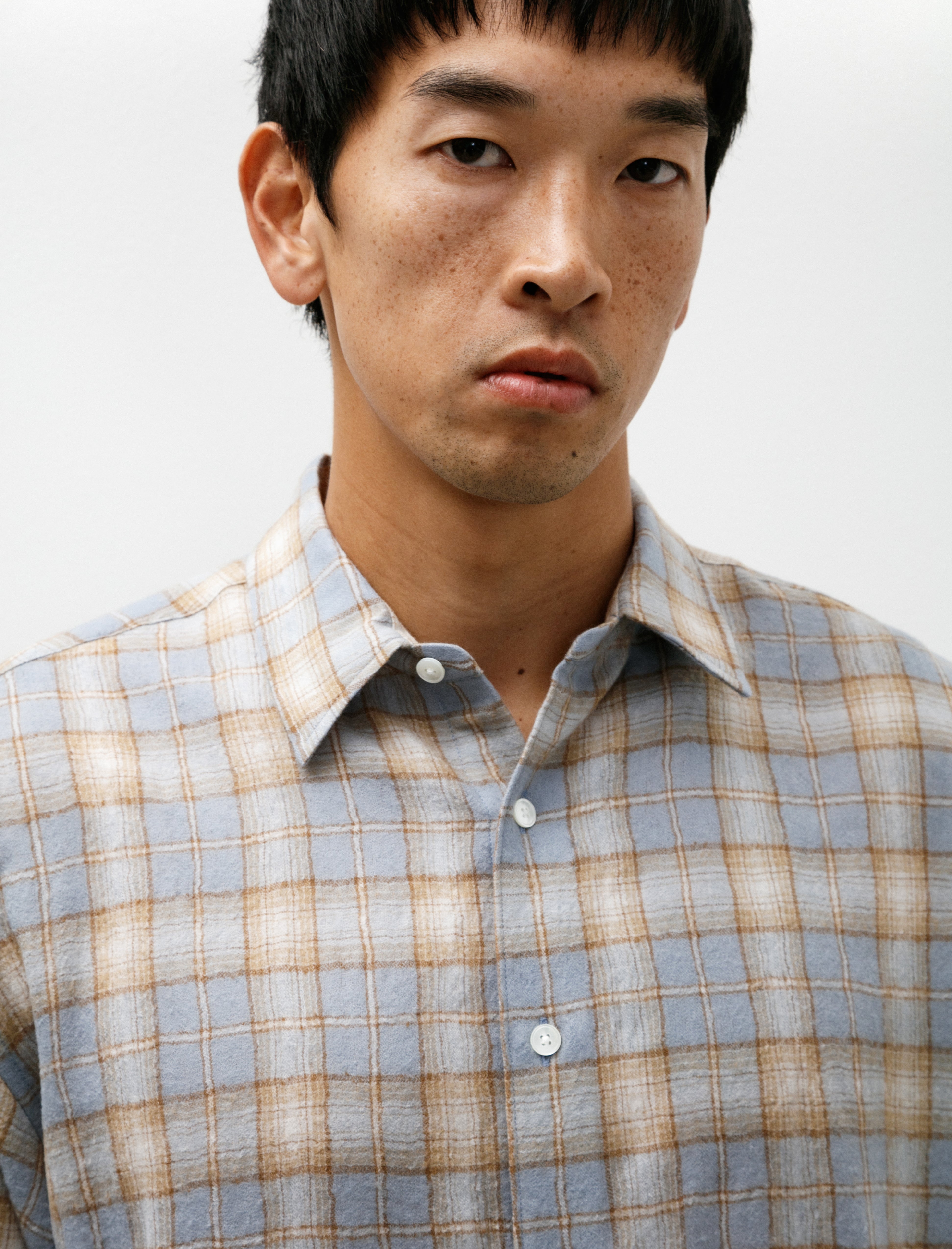 Auralee Airy Wool Check Shirt Light Blue Beige