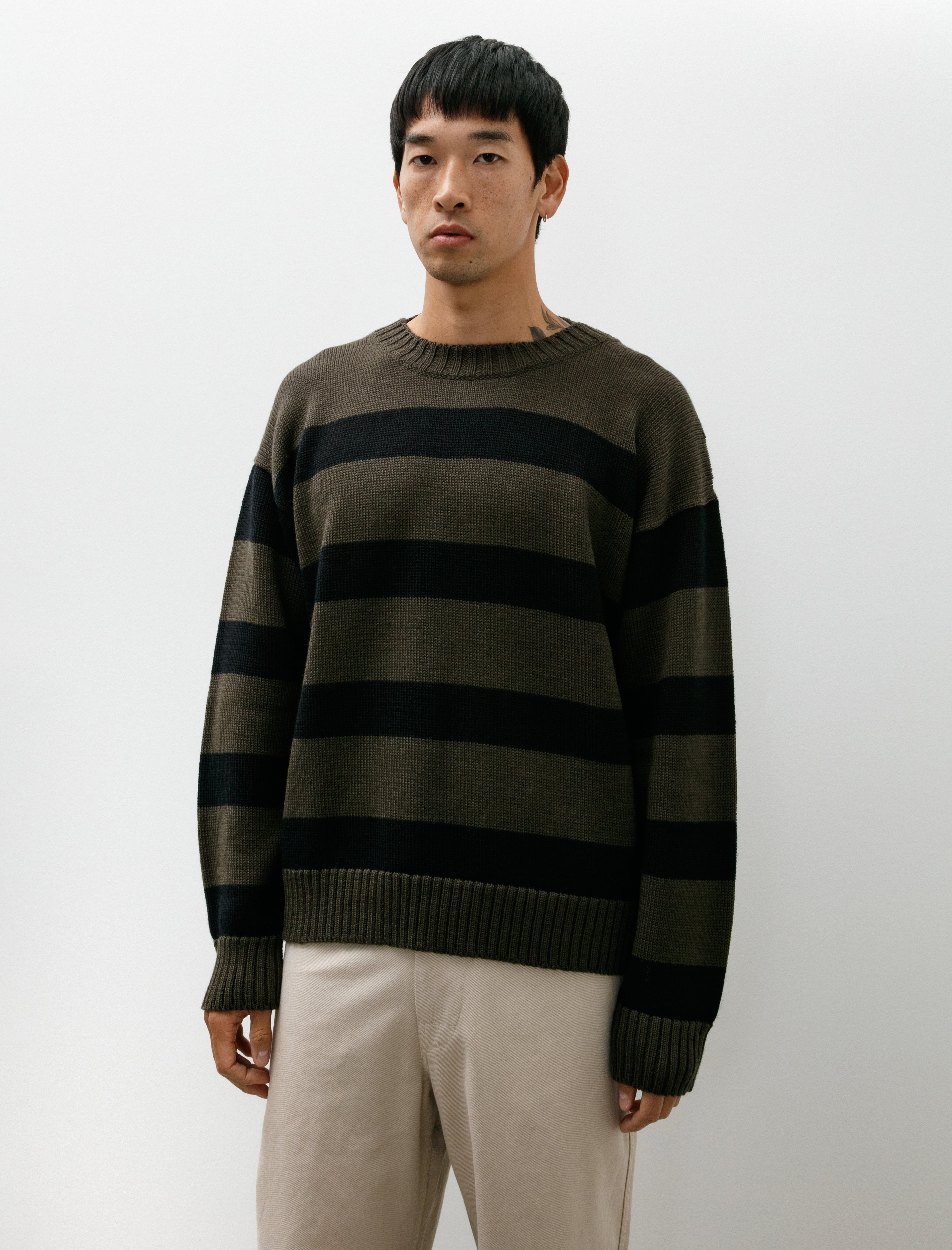 Margaret Howell MHL Graphic Stipe Crew Virgin Wool Green/Black