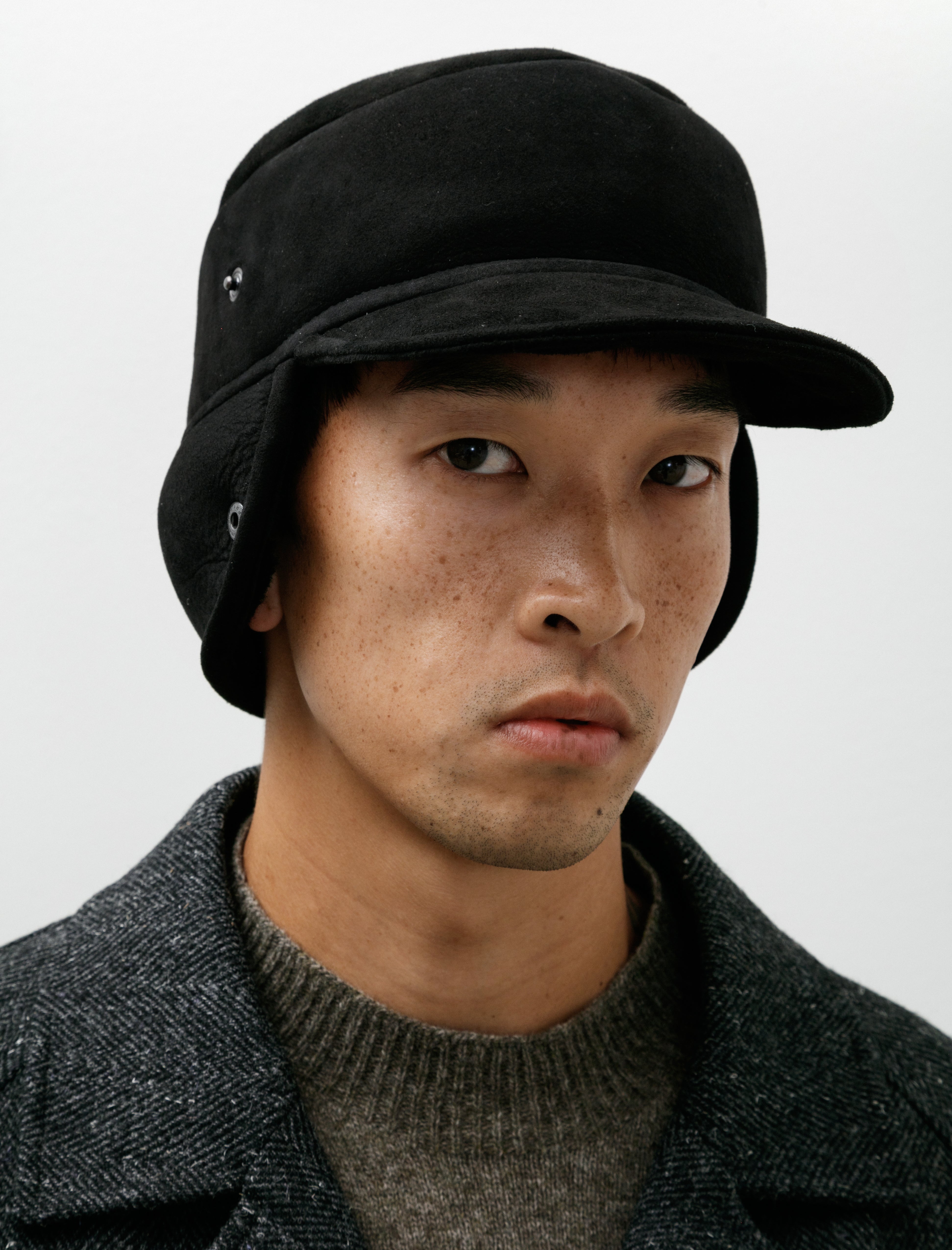 Margaret Howell Press Stud Shearling Cap Curly Merino Shearling Black