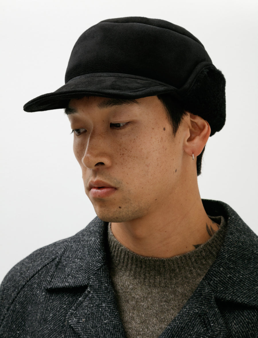 Press Stud Shearling Cap Curly Merino Shearling Black - Image 2