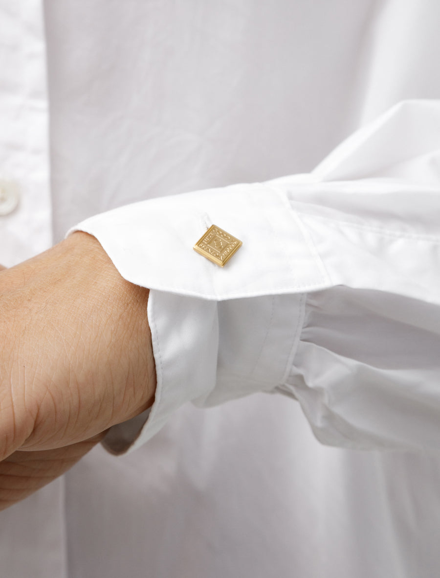 white dress shirt with gold buttons White Gold Button Poplin Shirt