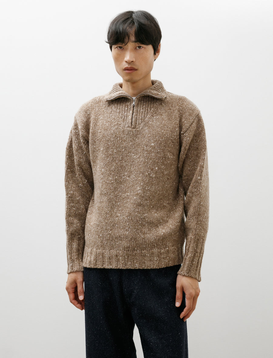 Low Gauge Homespun Tweed Knit Zip Turtle Top Brown - Image 1
