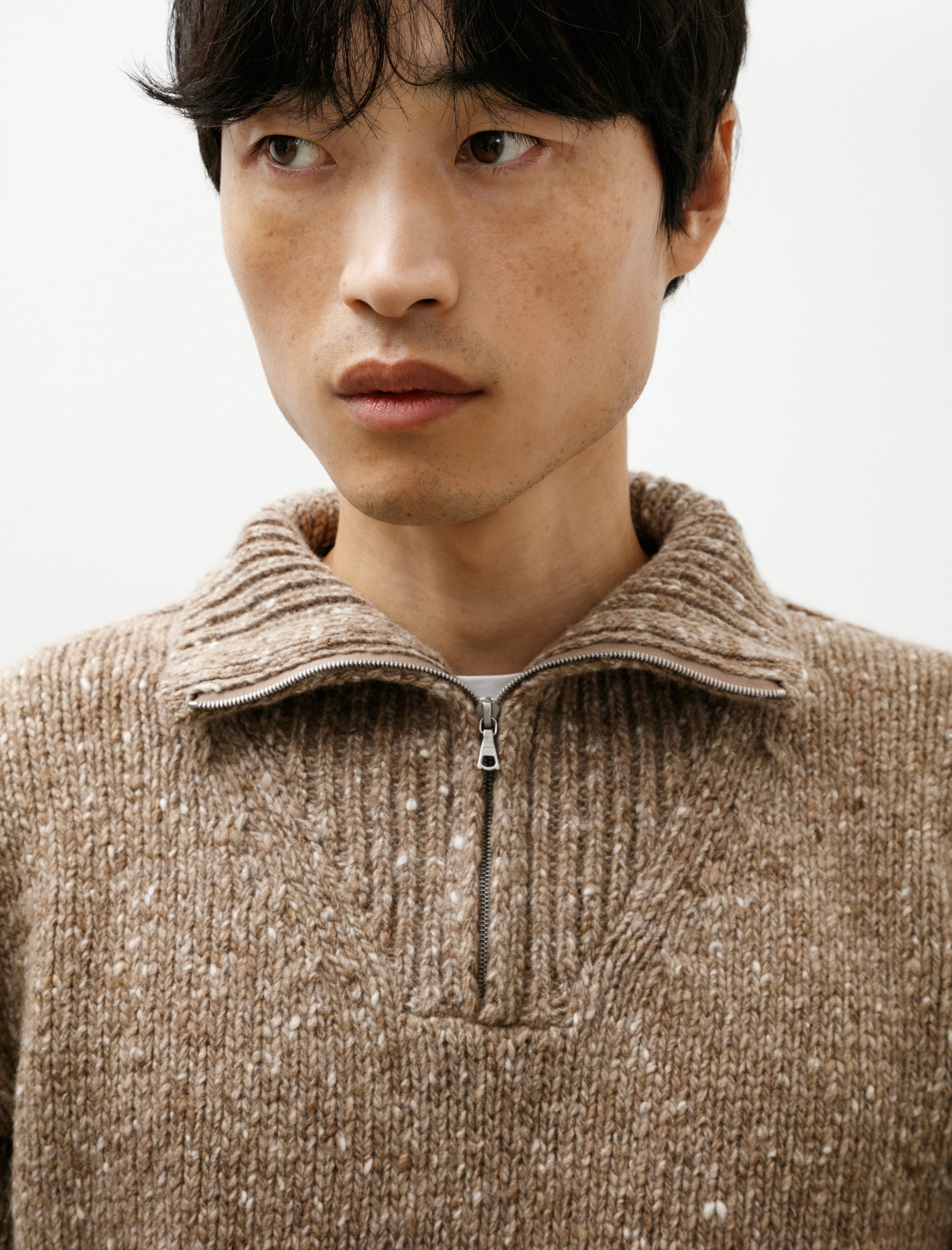 Auralee Low Gauge Homespun Tweed Knit Zip Turtle Top Brown