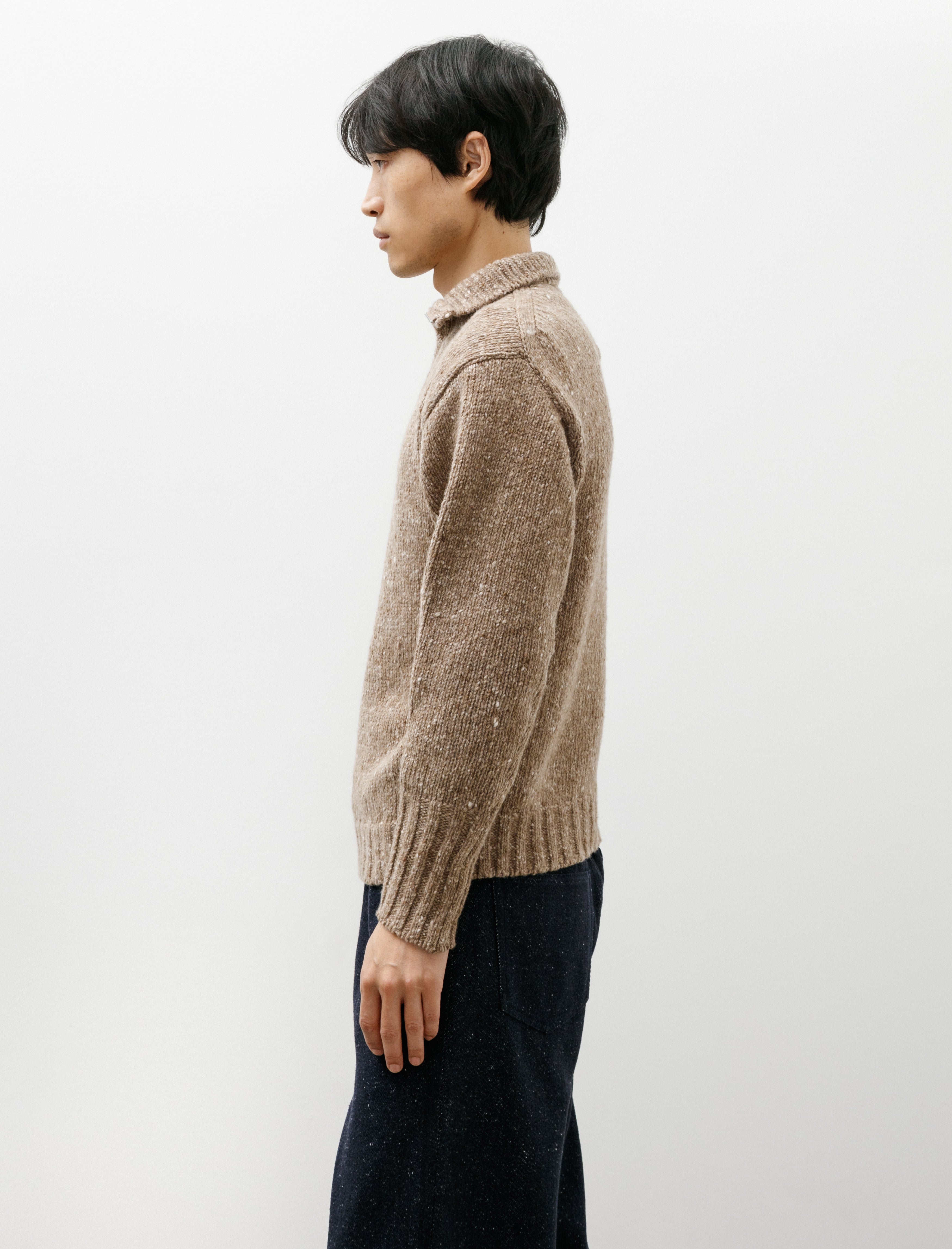 Auralee Low Gauge Homespun Tweed Knit Zip Turtle Top Brown